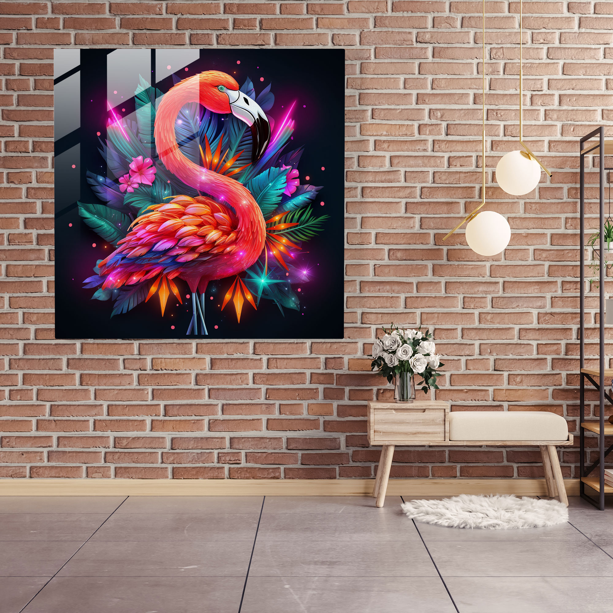Flamingo Neon Glow Cam Tablo - Flamingo Retro Esinti Duvar Dekorasyonu Neon Işıklı Sanat Eseri