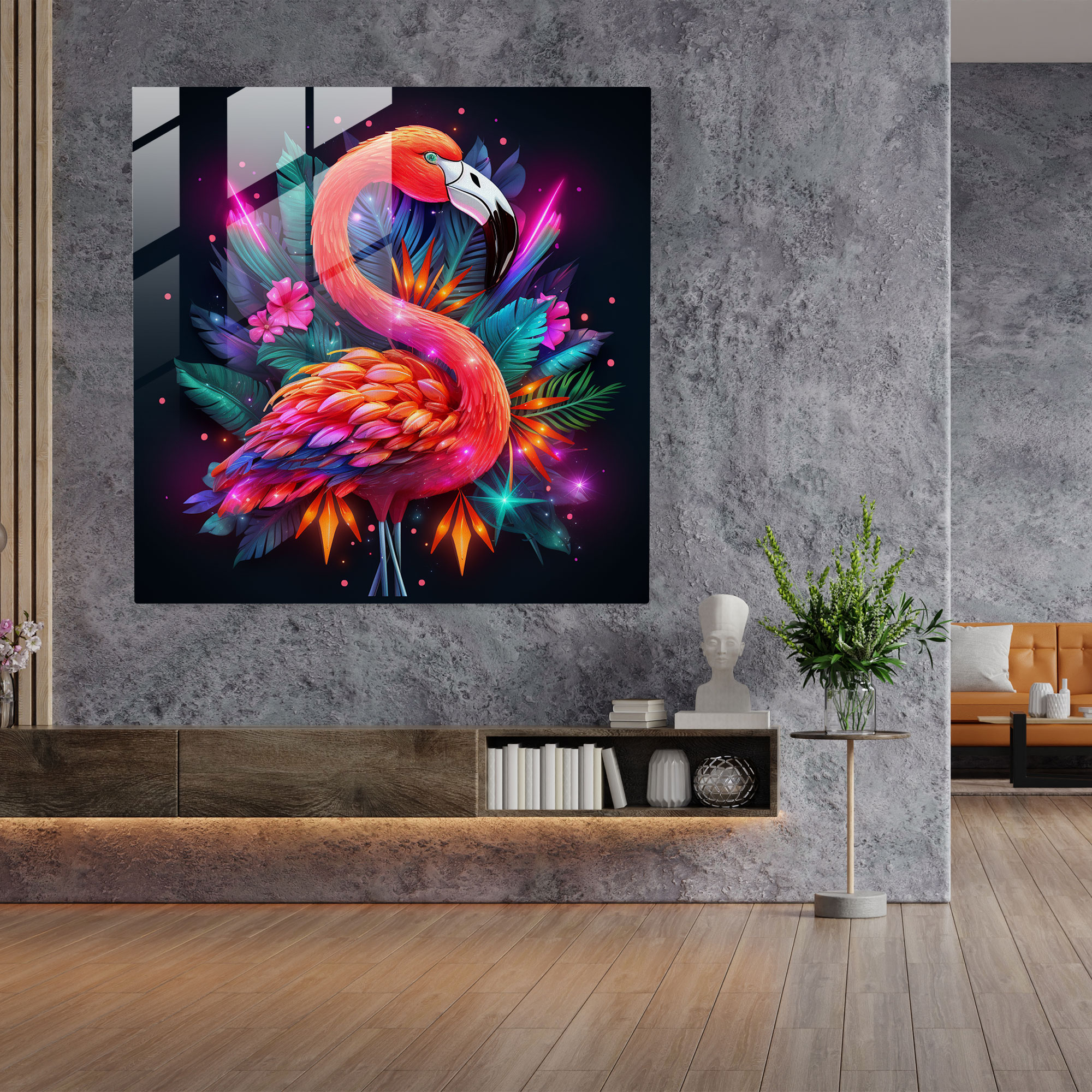 Flamingo Neon Glow Cam Tablo - Flamingo Retro Esinti Duvar Dekorasyonu Neon Işıklı Sanat Eseri