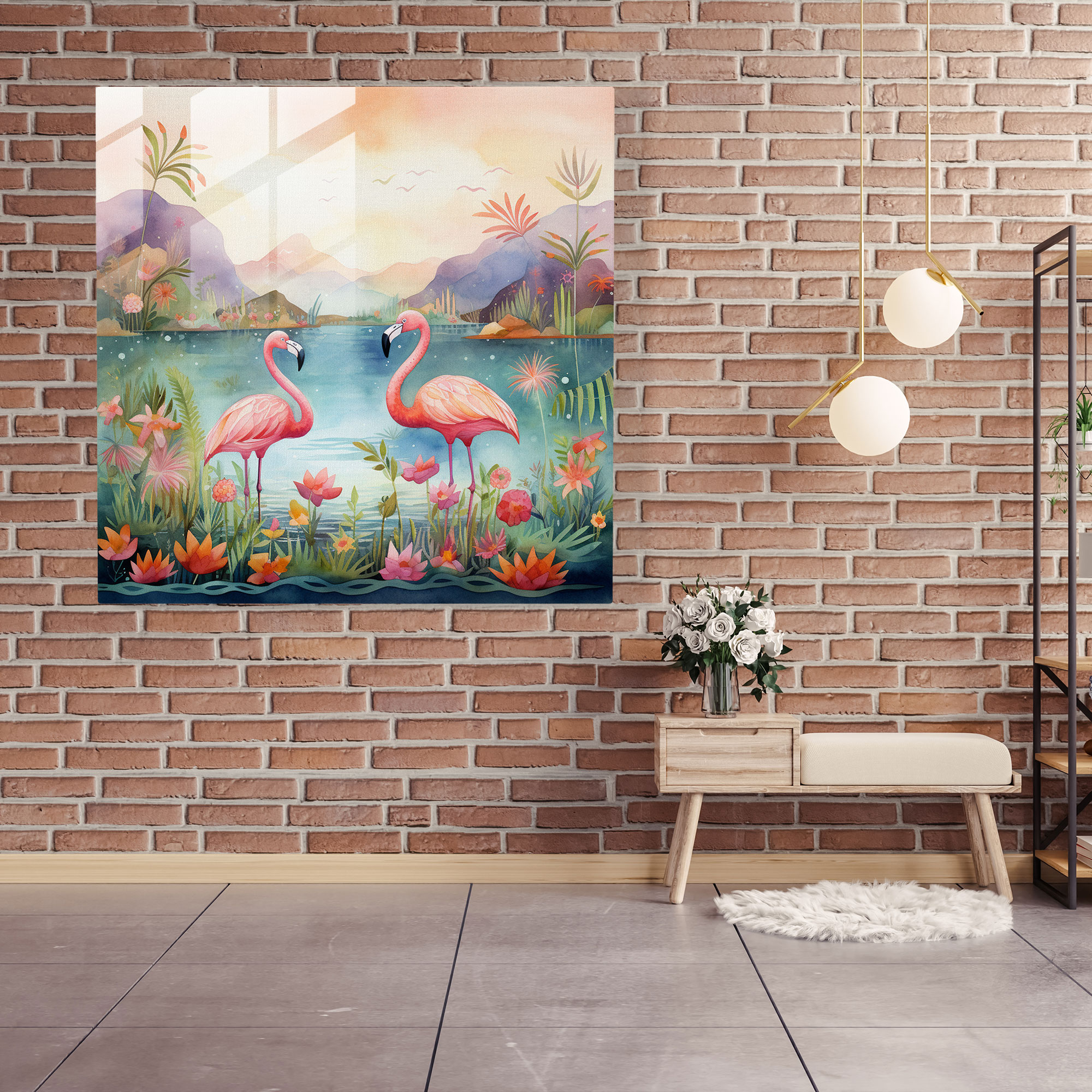 Whimsical Flamingo Haven Glass Print - Flamingo, Glass Wall Art, Fantastical Landscape, Glass Art