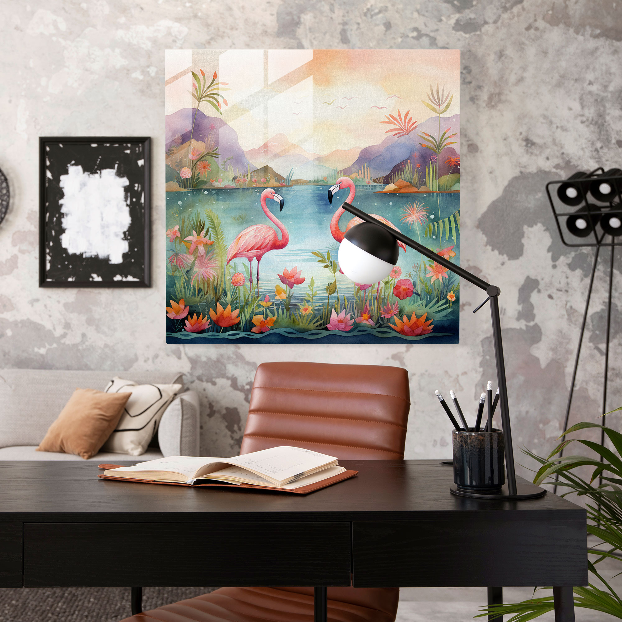 Whimsical Flamingo Haven Glass Print - Flamingo, Glass Wall Art, Fantastical Landscape, Glass Art