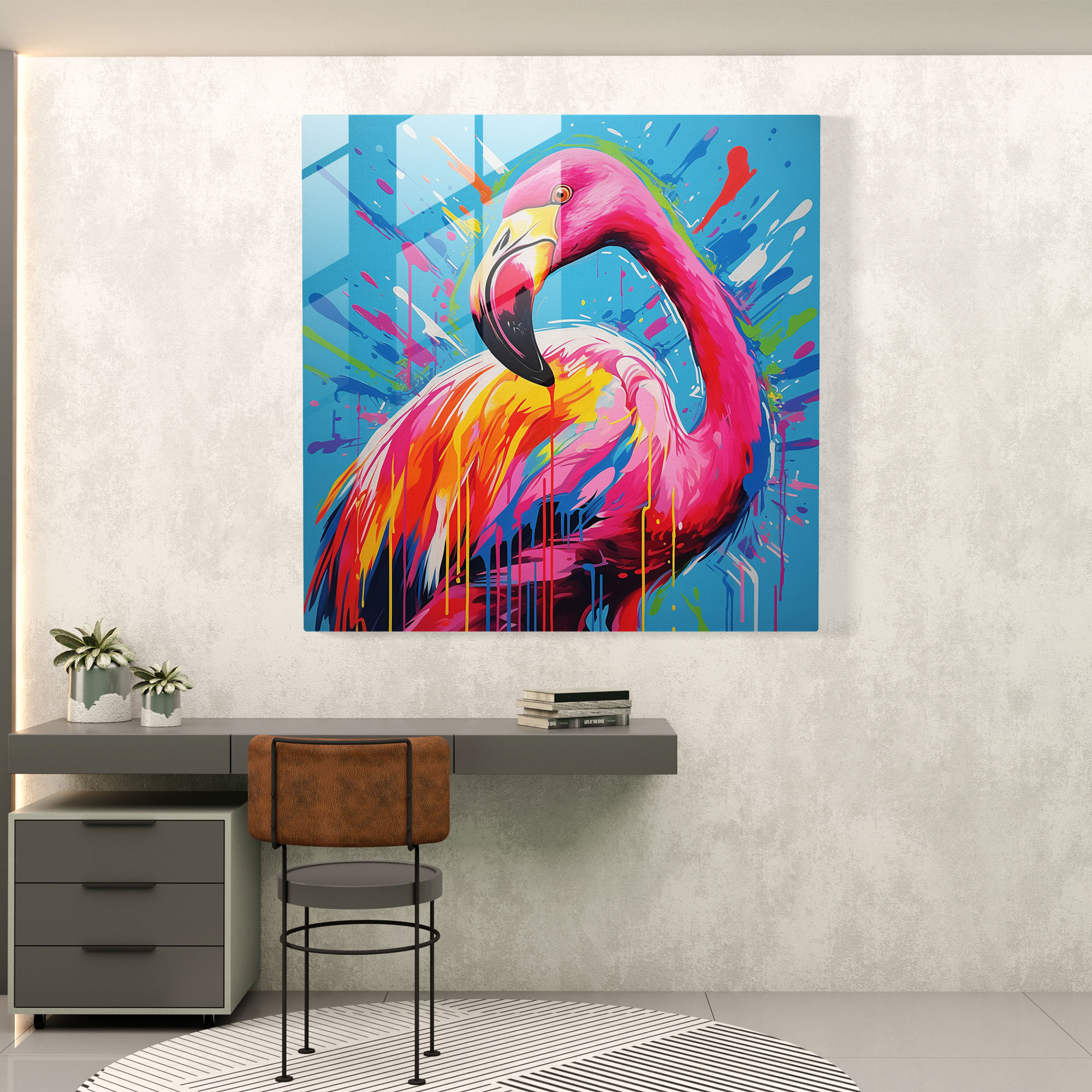 Flamingo Pop Sensation Cam Tablo - Flamingo Duvar Dekorasyonu Pop Sanatı İlhamlı Sanat Eseri Cam Sanat