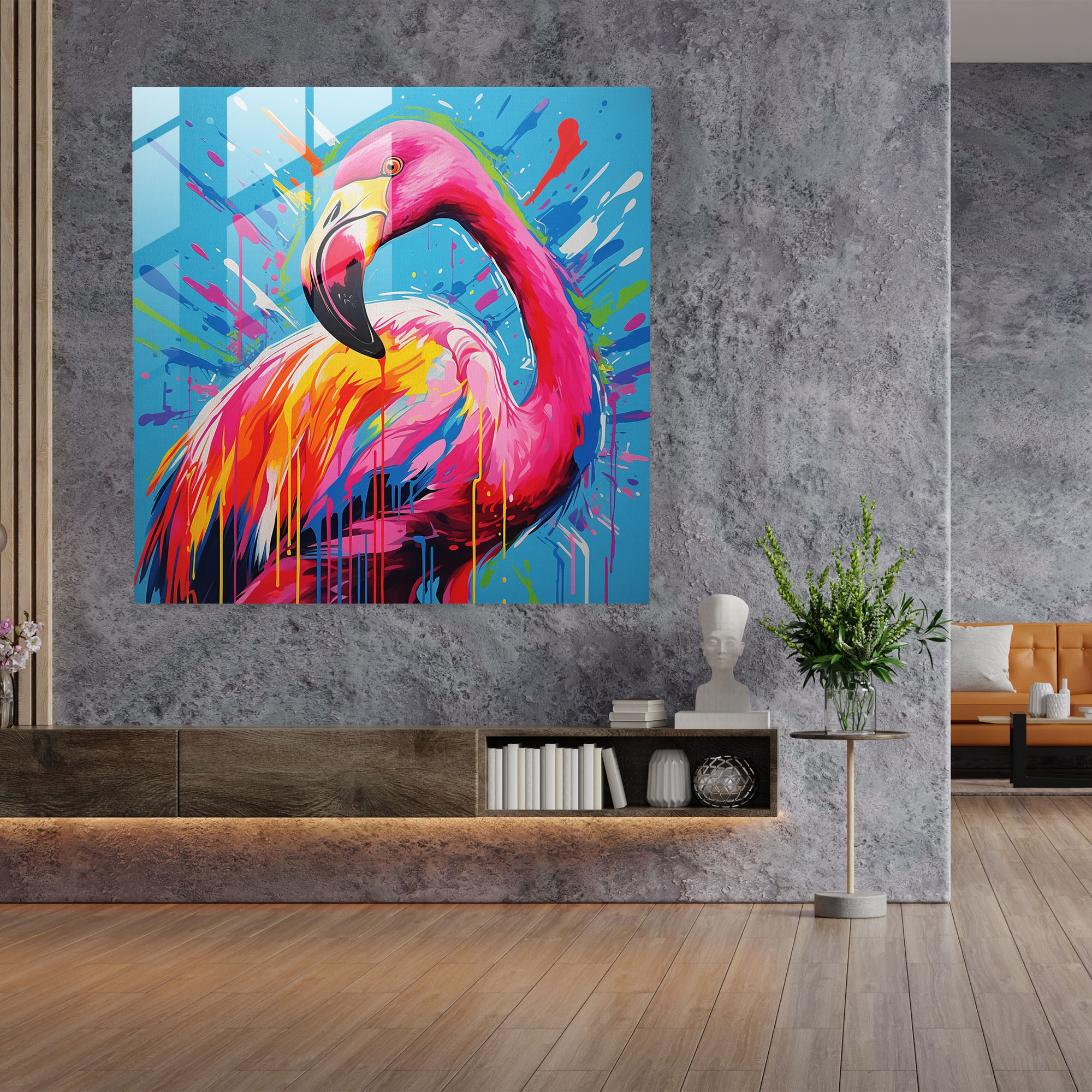Flamingo Pop Sensation Cam Tablo - Flamingo Duvar Dekorasyonu Pop Sanatı İlhamlı Sanat Eseri Cam Sanat