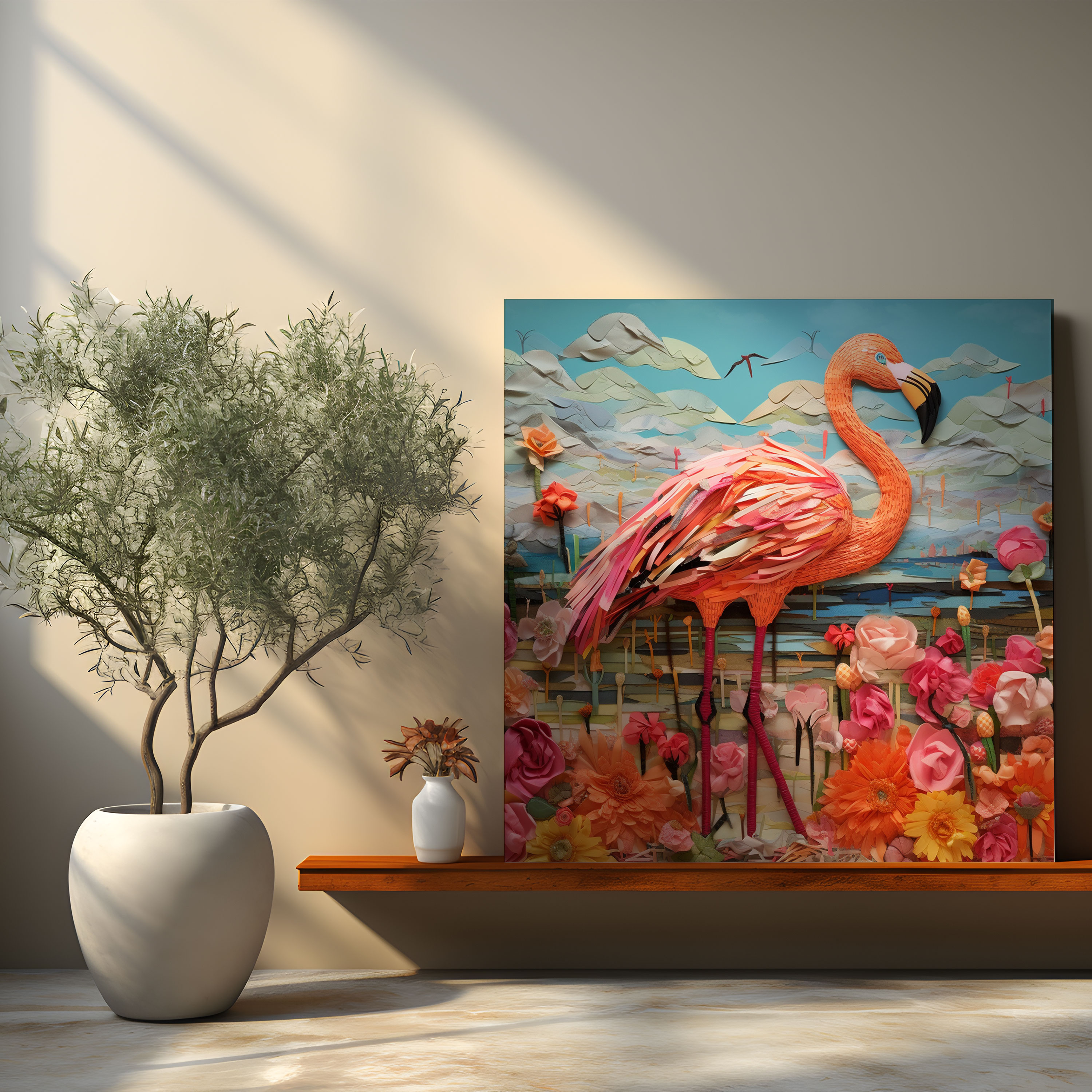 Eclectic Flamingo Wall Art - Flamingo, Colorful Fabrics, Canvas, Home Decoration