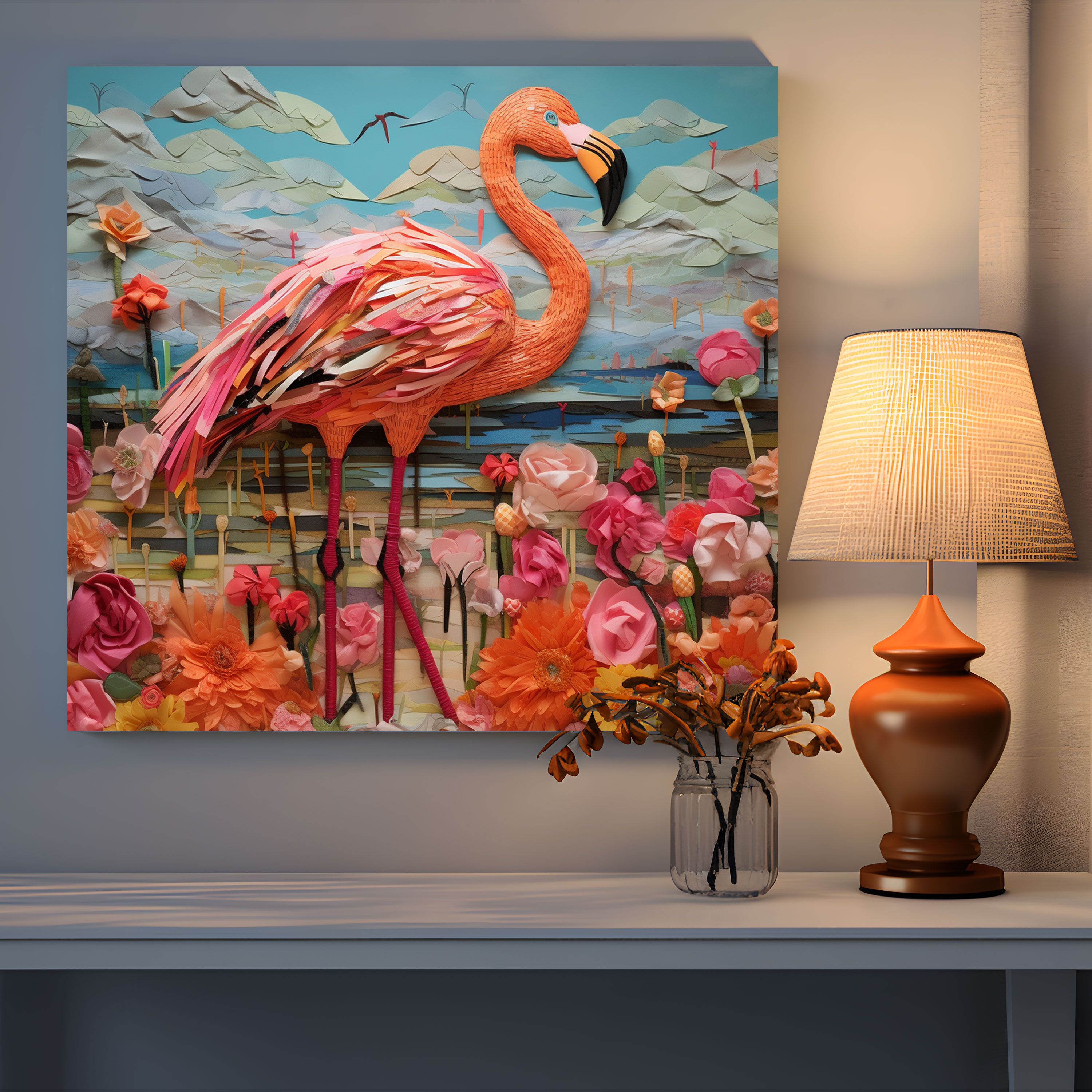 Eclectic Flamingo Wall Art - Flamingo, Colorful Fabrics, Canvas, Home Decoration