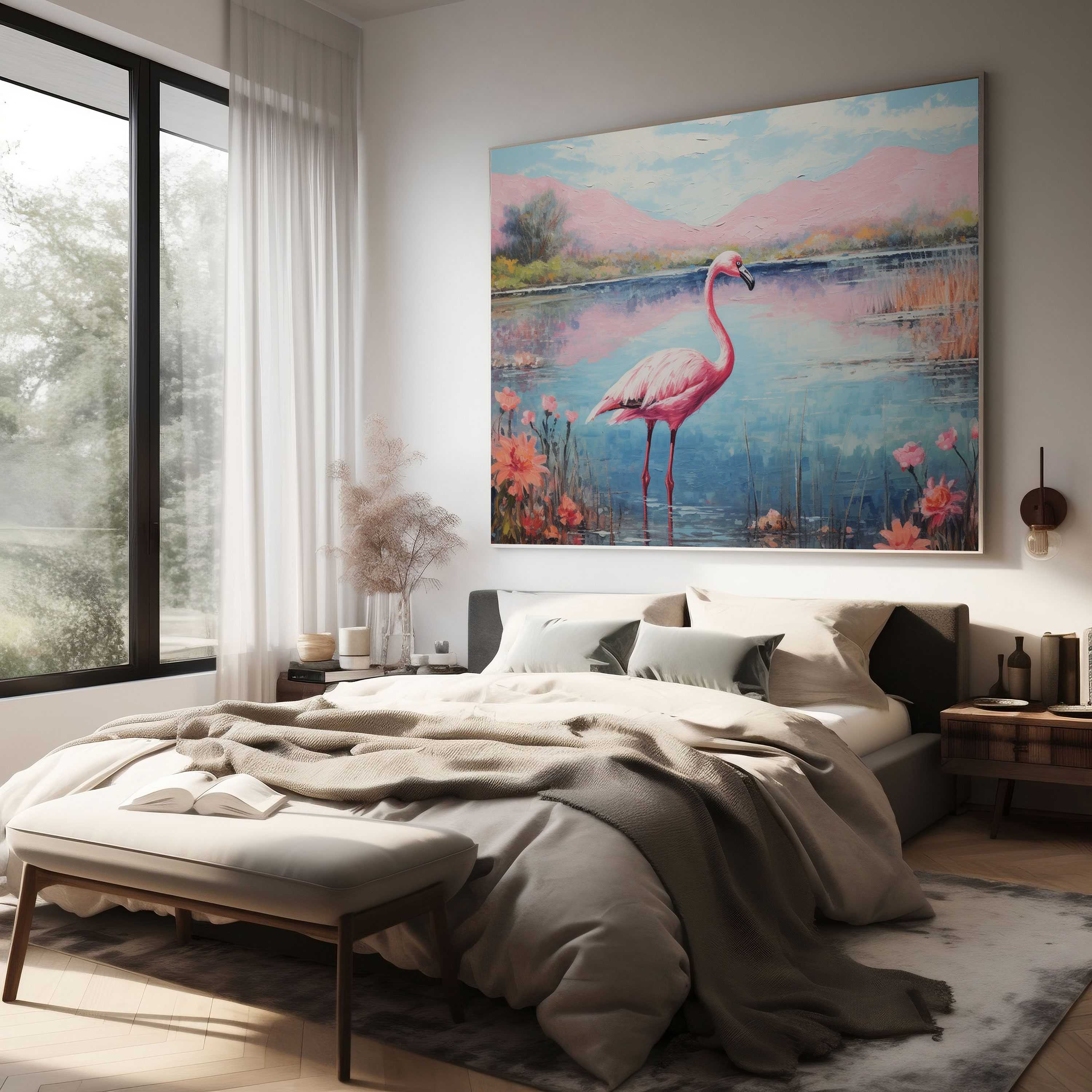 Impressionistic Flamingo Canvas Print - Flamingo, Impressionistic Painting, Flamingo, Serene Landscape