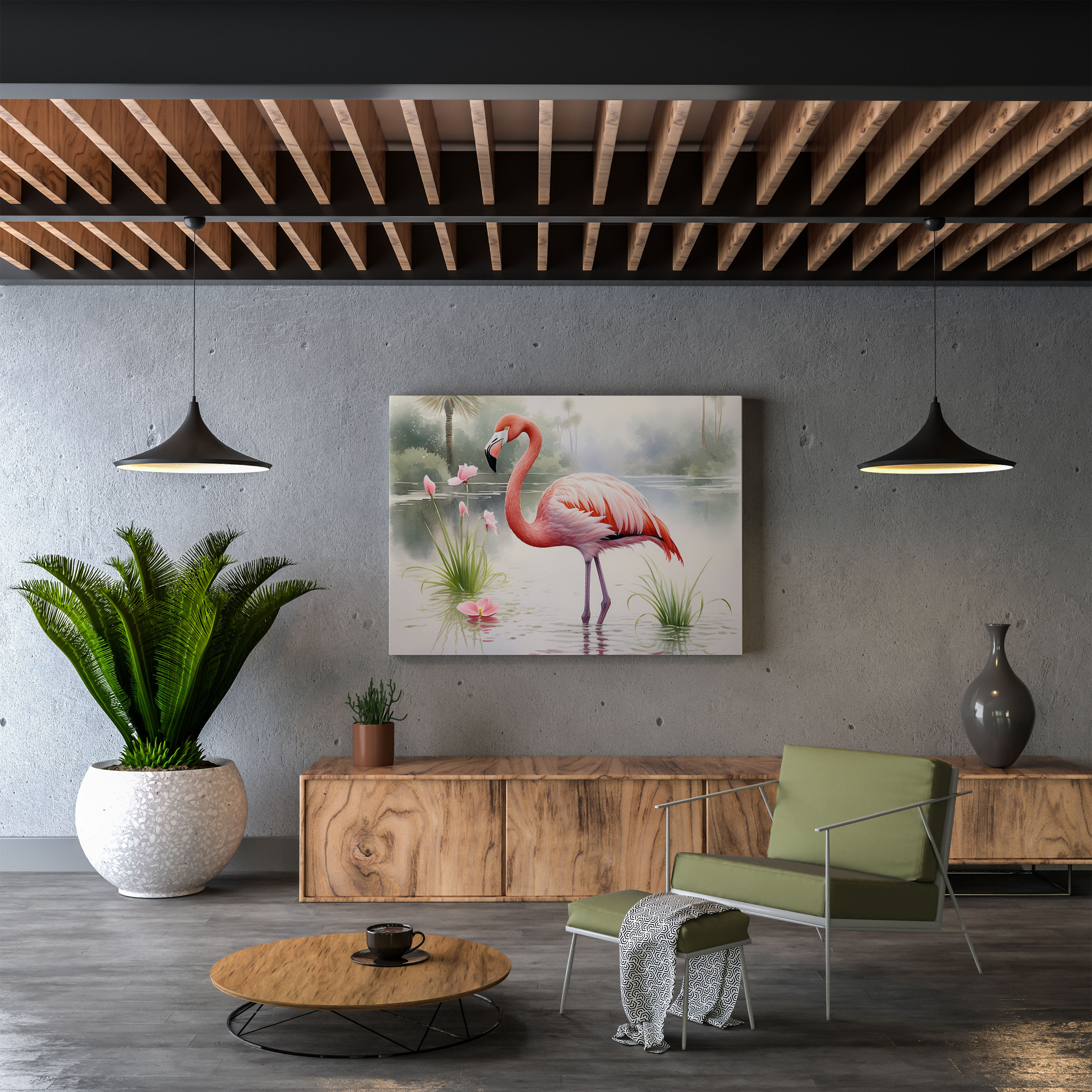 Flamingo Duvar Sanatı - Sakin Su Rengi Kanvas Tablo - Flamingo Kanvas Su Rengi