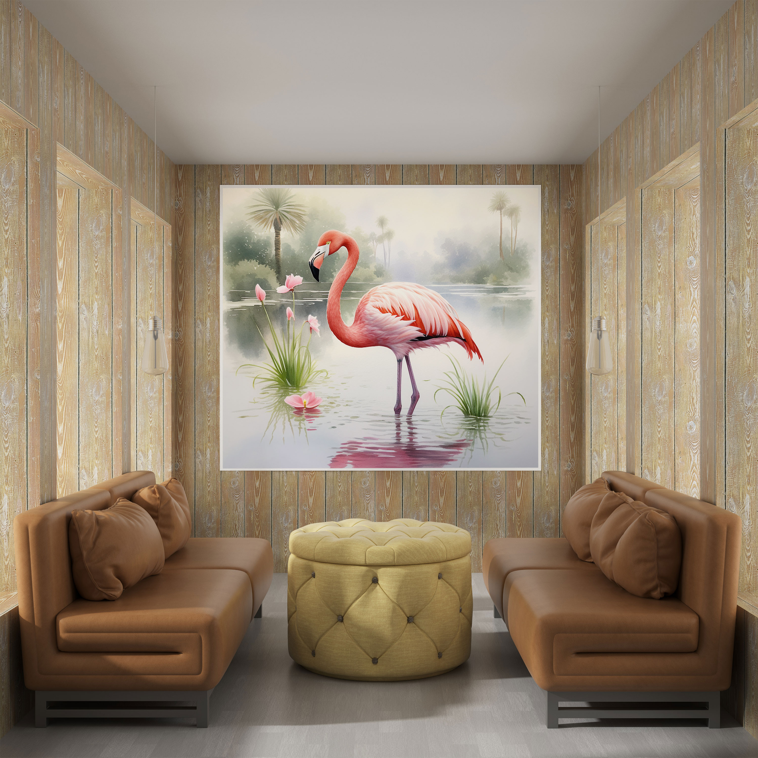 Flamingo Duvar Sanatı - Sakin Su Rengi Kanvas Tablo - Flamingo Kanvas Su Rengi