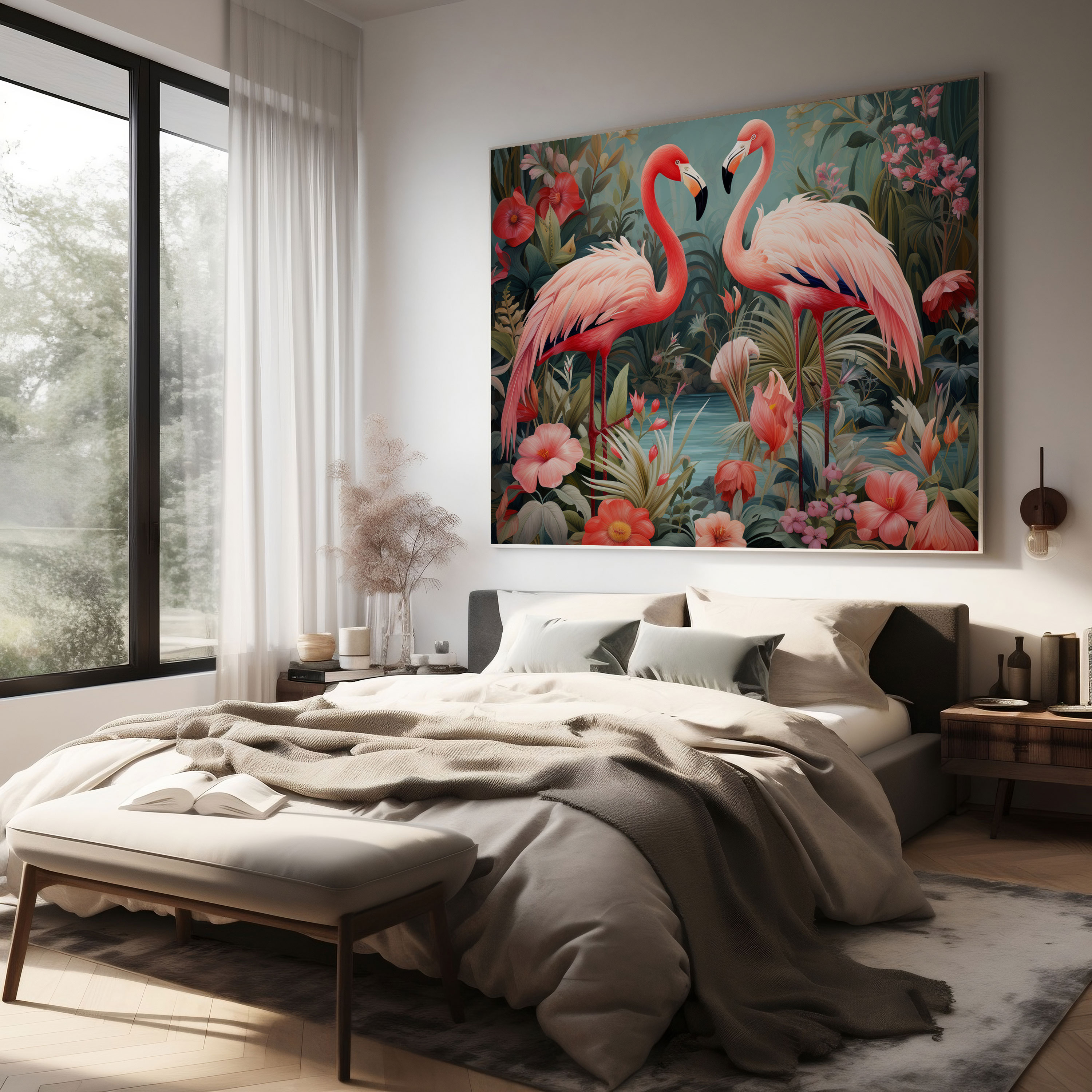 Flamingo Wall Decoration - Flamingo, Canvas Wall Art, Playful, Flowers