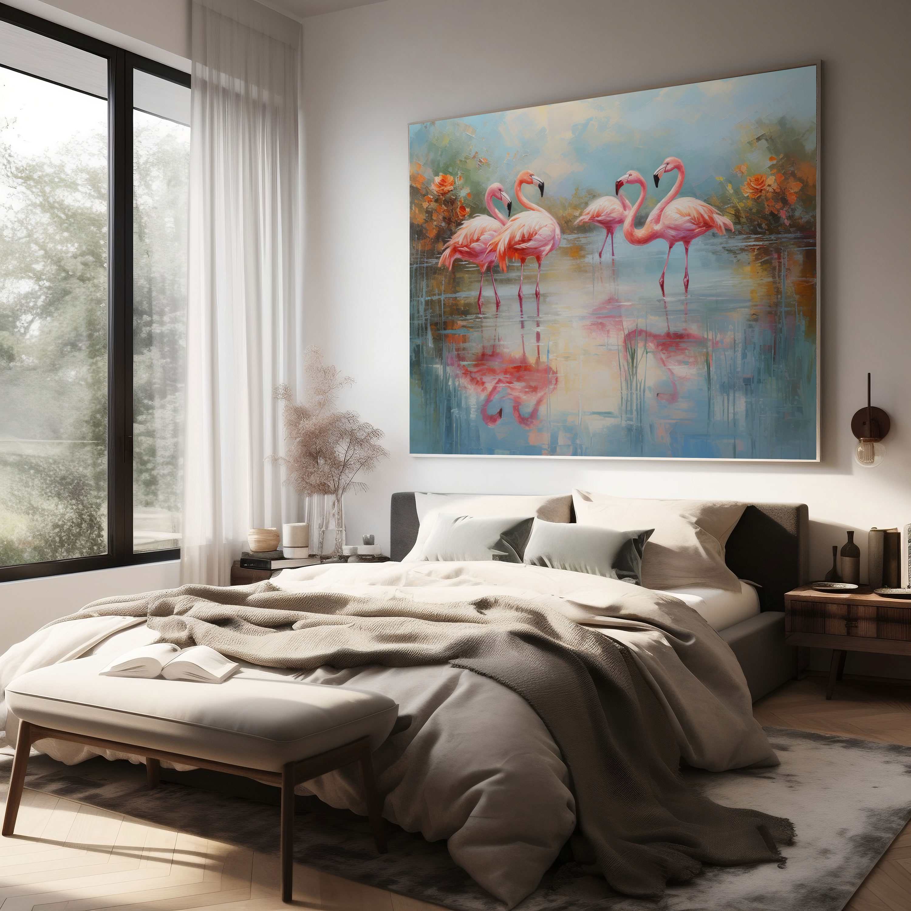 Impressionist Flamingo Canvas Print - Flamingo, Water Landscape, Serene, Peaceful