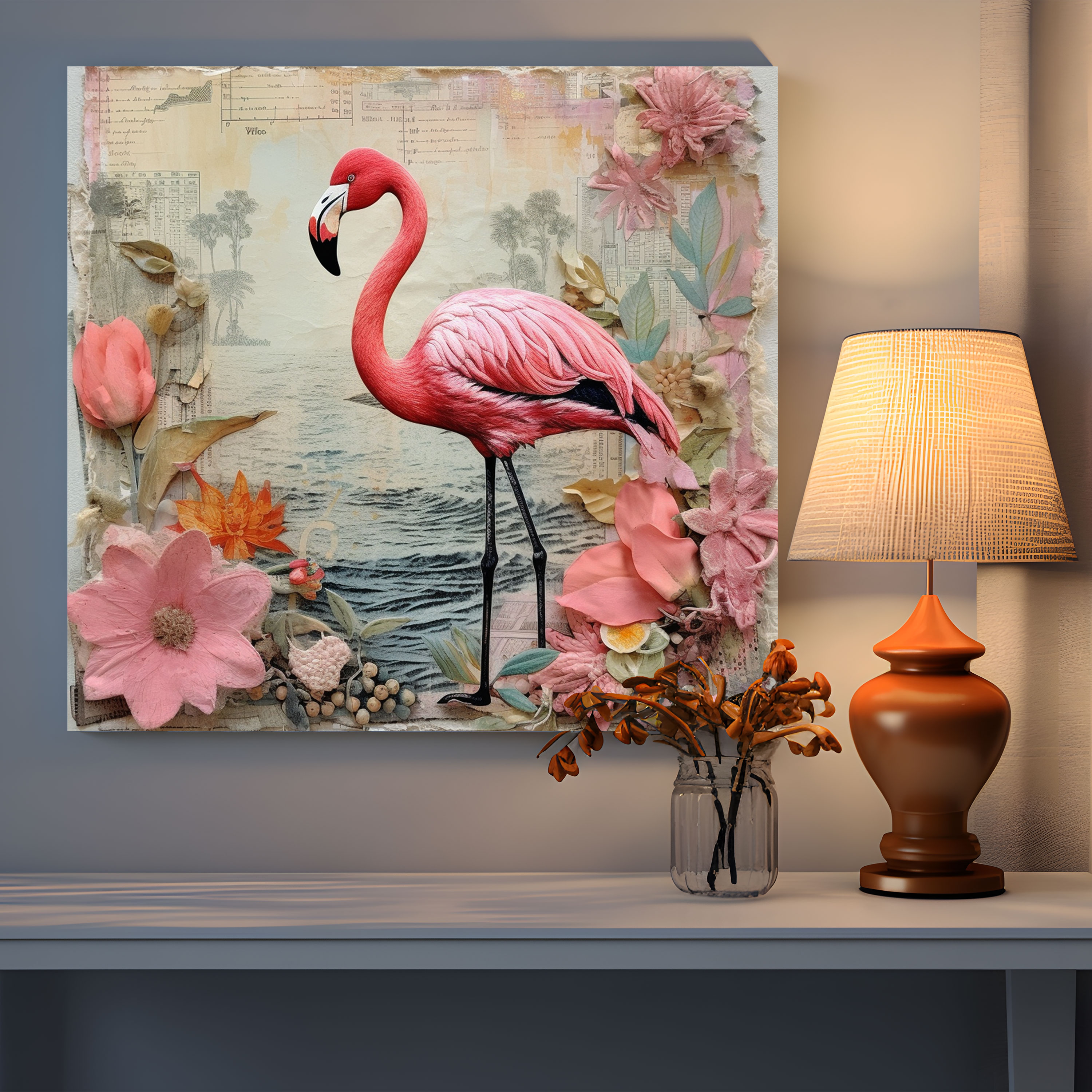 Vintage Flamingo Collage Canvas Print - Flamingo, Canvas Print, Wall Decoration, Wall Art