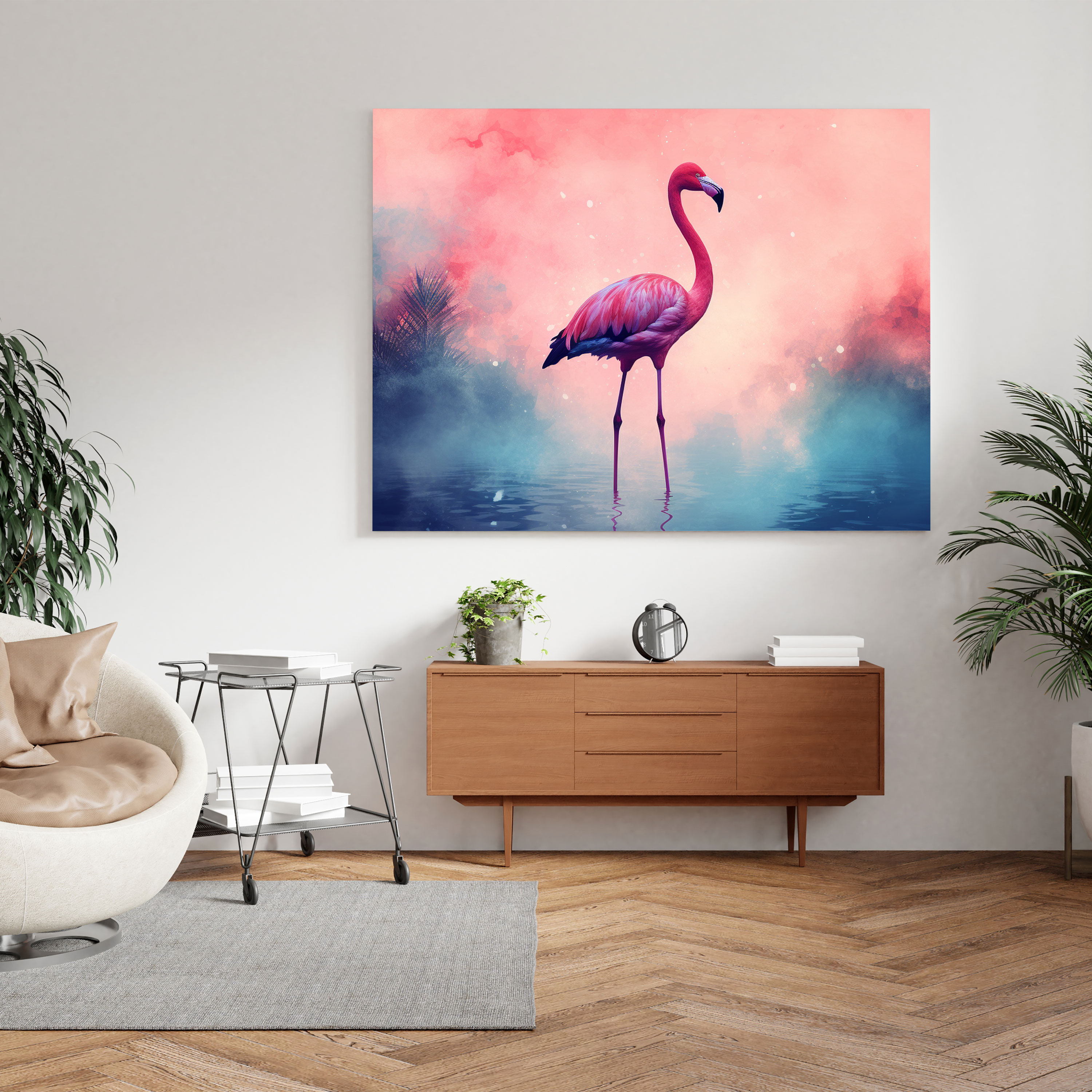 Flamingo Duvar Sanatı - Suluboya Siluet - Duvar Süsü Ev Dekorasyonu Flamingo Duvar Sanatı
