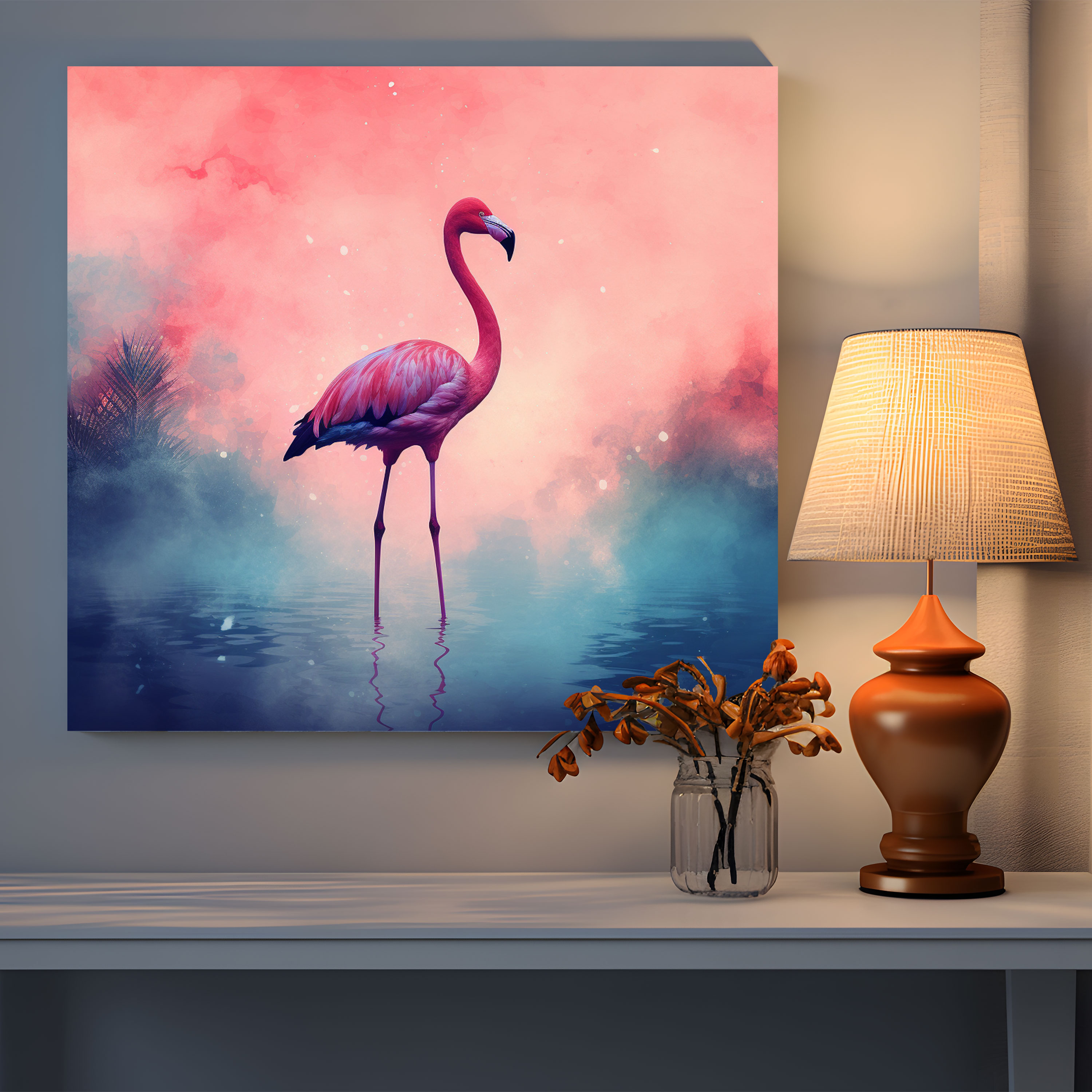 Flamingo Duvar Sanatı - Suluboya Siluet - Duvar Süsü Ev Dekorasyonu Flamingo Duvar Sanatı