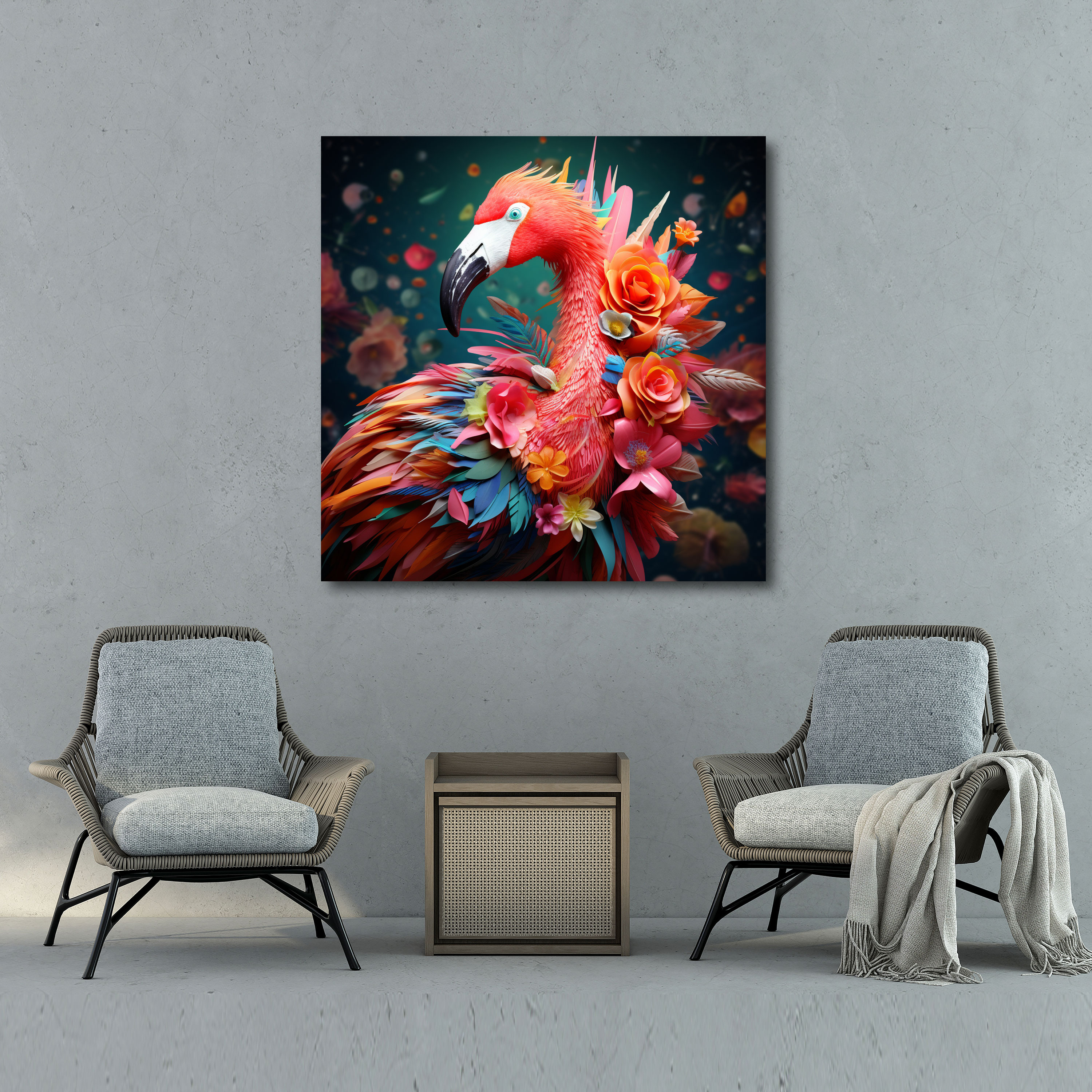 Pembe Flamingo Duvar Sanatı - Tropikal Cennet Tropikal Unsurlar