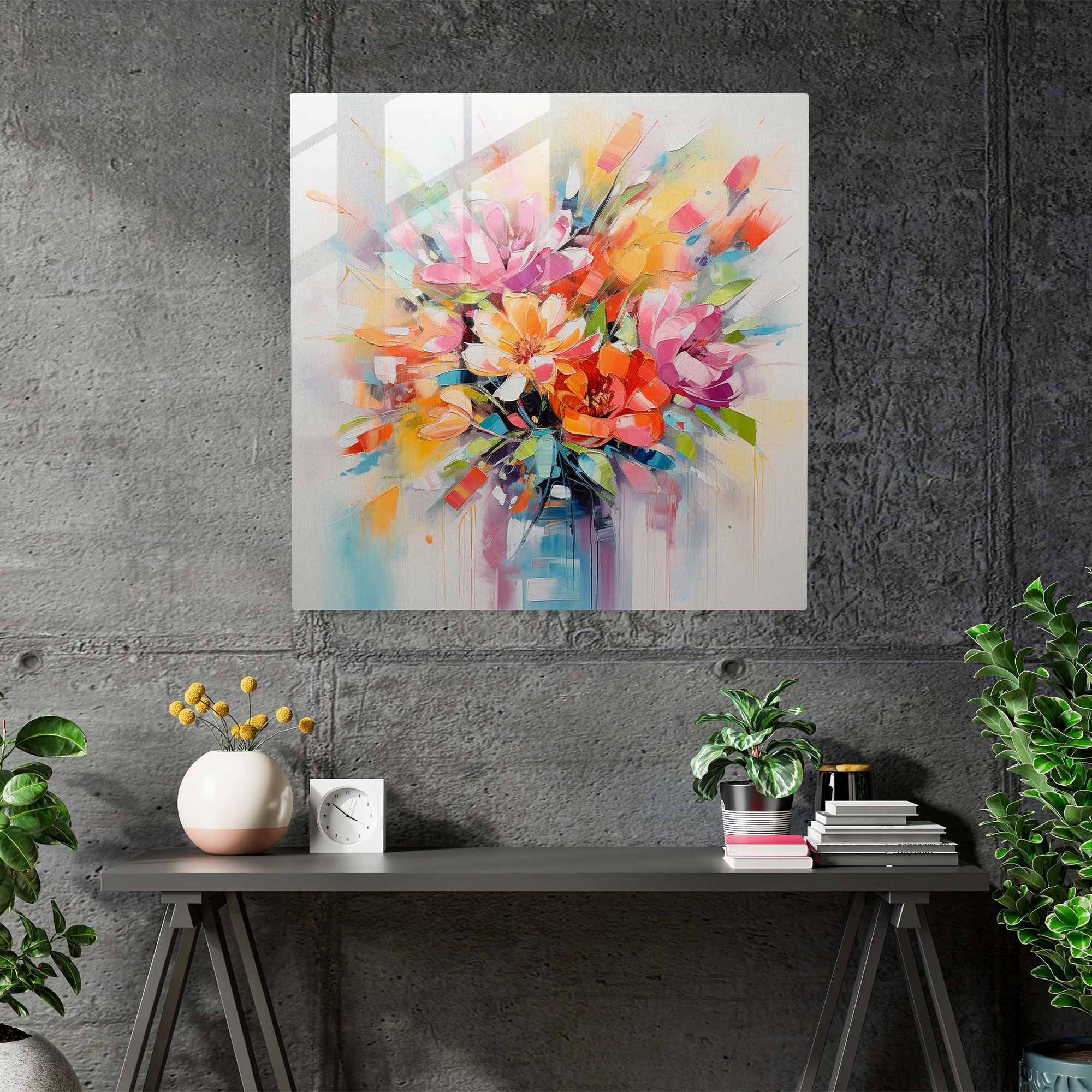 Glasbild - Blühende Blumendelikatesse mit moderner Kunstwerkgebung