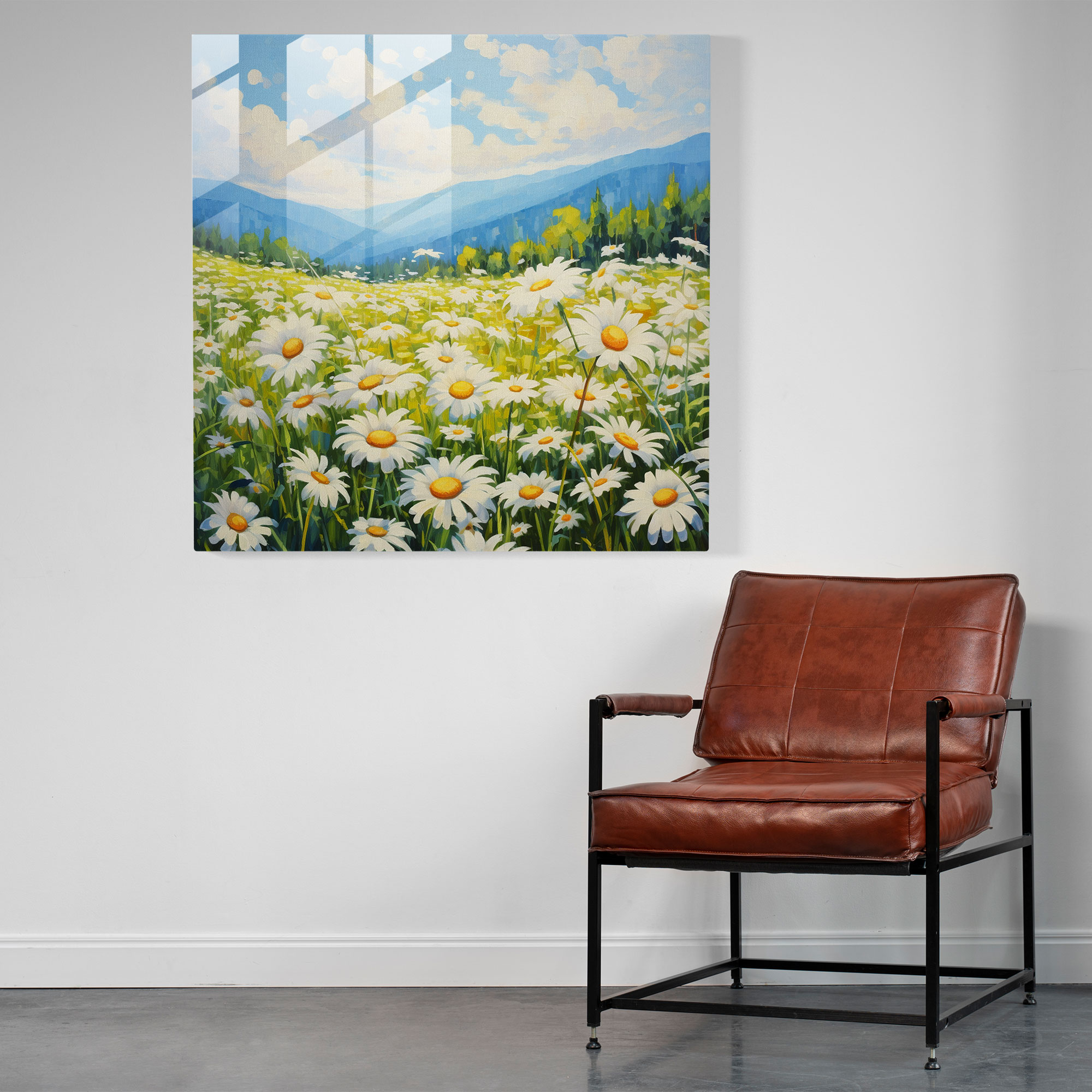 Glasbild Serenes Gänseblümchenfeld mit impressionistischer Kunst