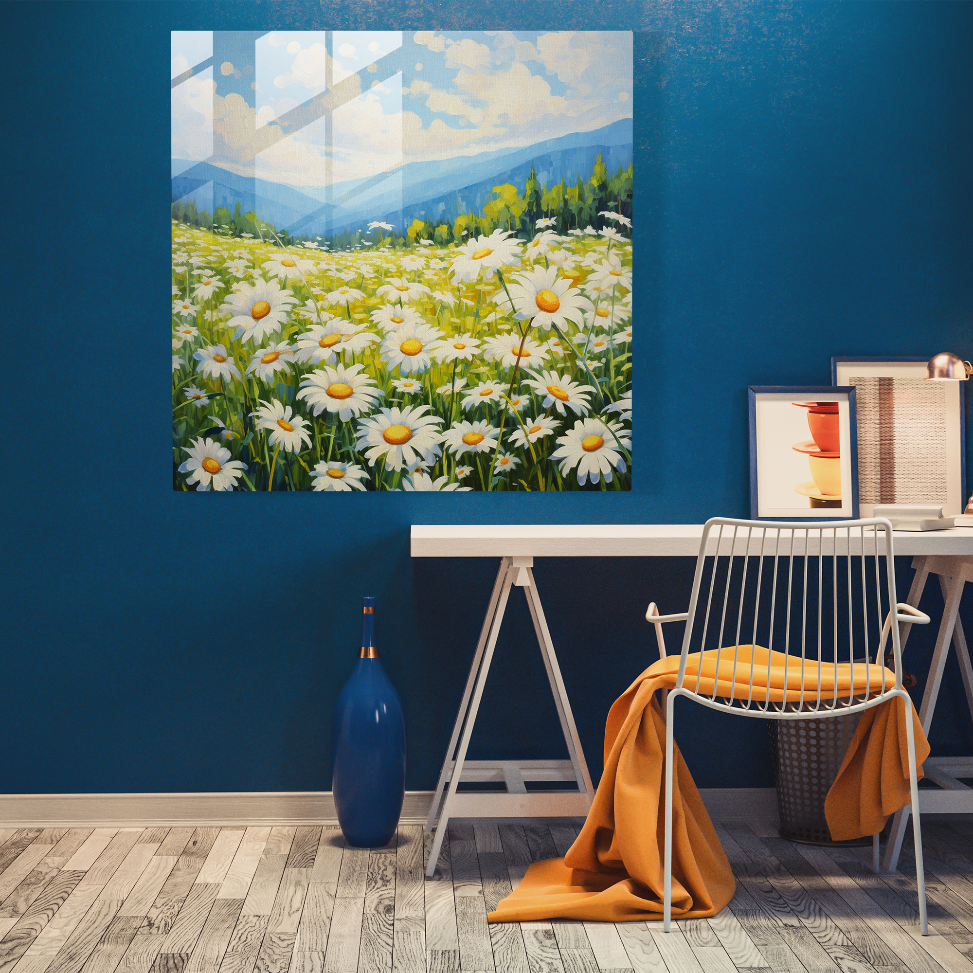 Glasbild Serenes Gänseblümchenfeld mit impressionistischer Kunst