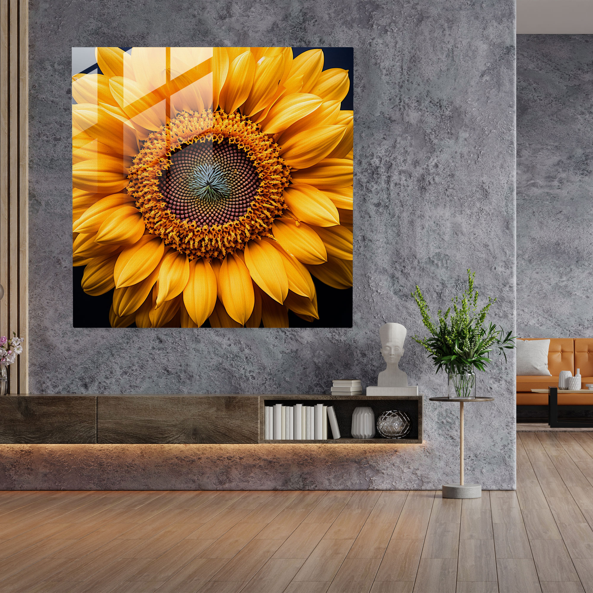 Strahlendes Glasbild - Lebendige Sonnenblume aus der Nähe mit zeitgenössischer Fotografie