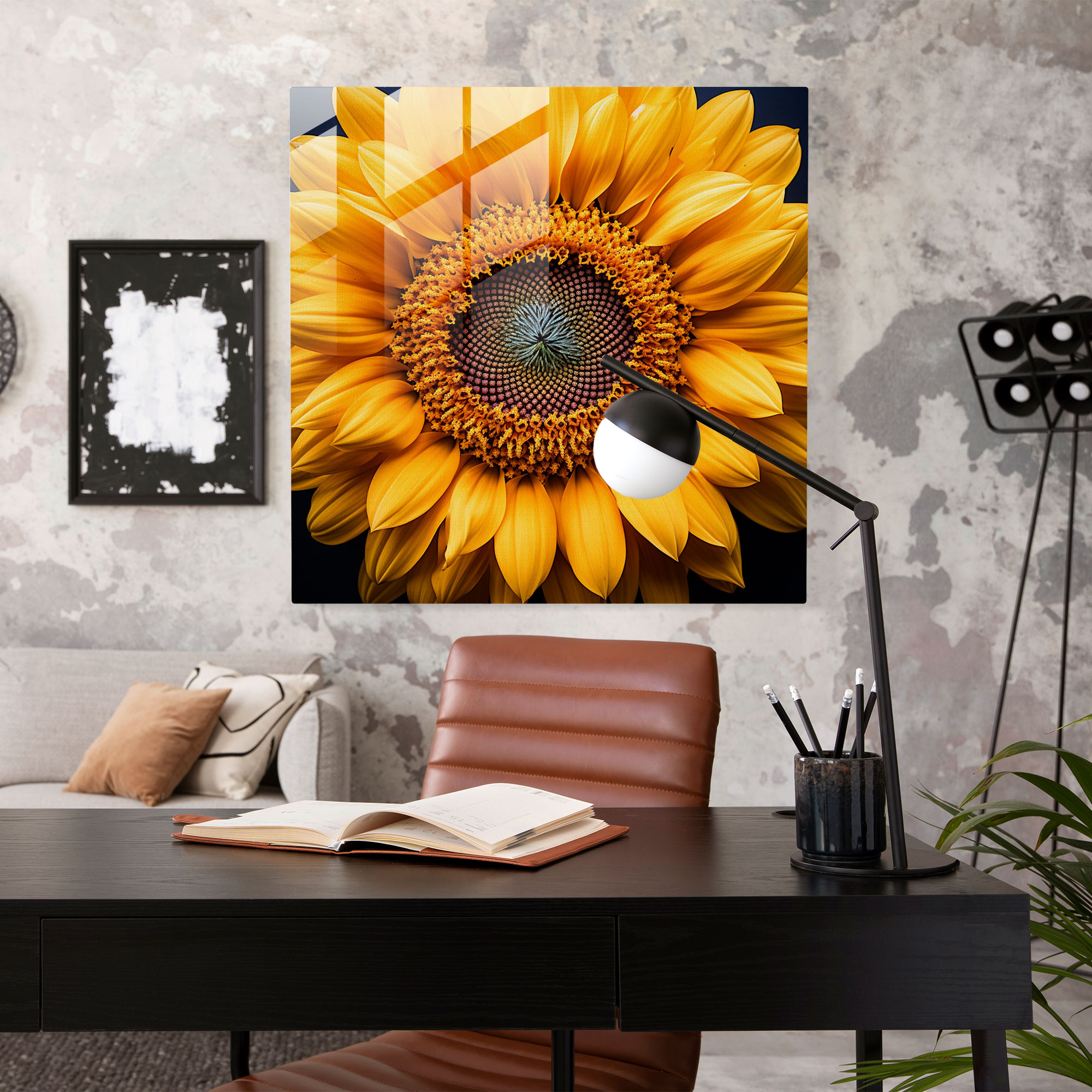 Strahlendes Glasbild - Lebendige Sonnenblume aus der Nähe mit zeitgenössischer Fotografie