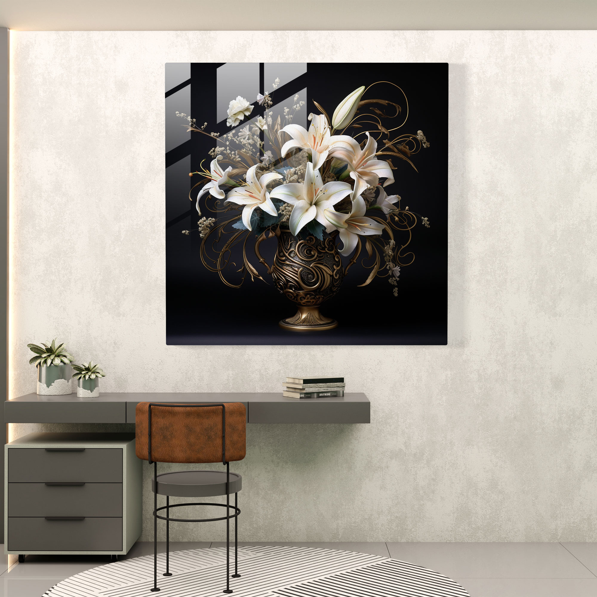 Elegantes Glasbild - Bouquet im Jugendstil mit filigranen Mustern