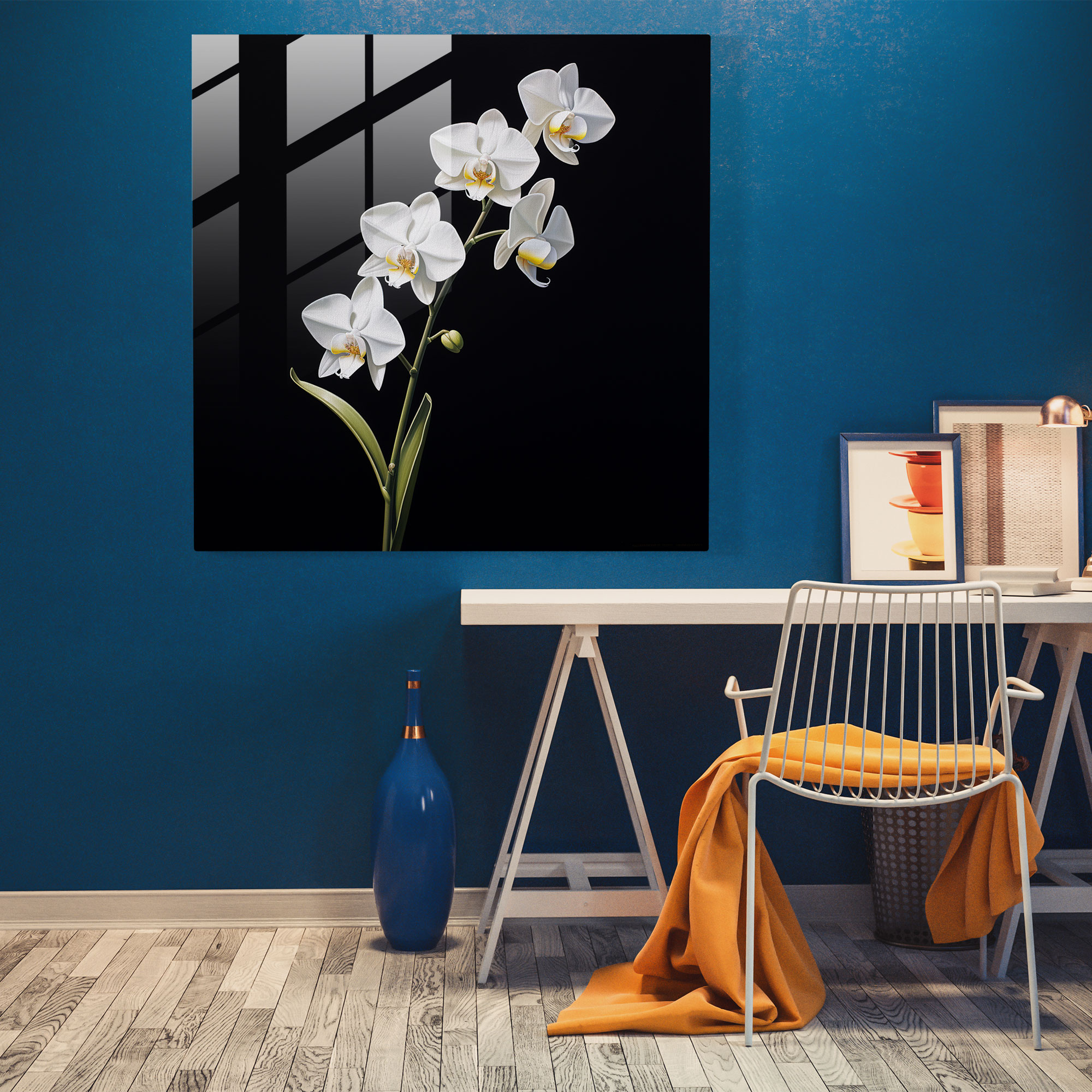 Edles Glasbild - Minimalistische weiße Orchidee mit zeitgenössischer Kunst