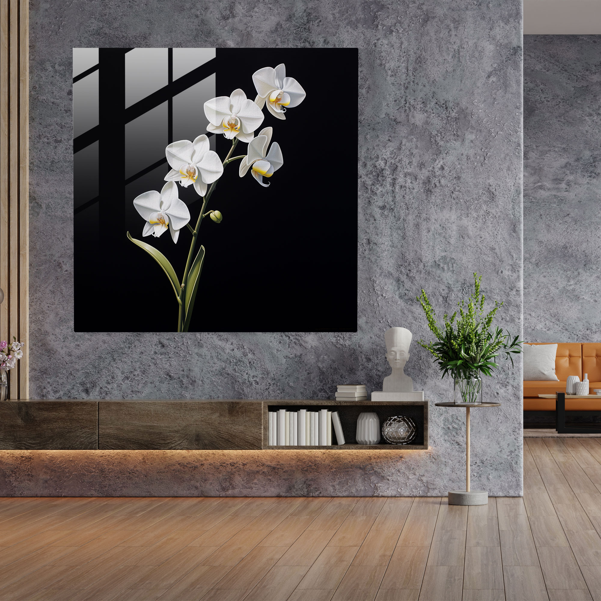 Edles Glasbild - Minimalistische weiße Orchidee mit zeitgenössischer Kunst