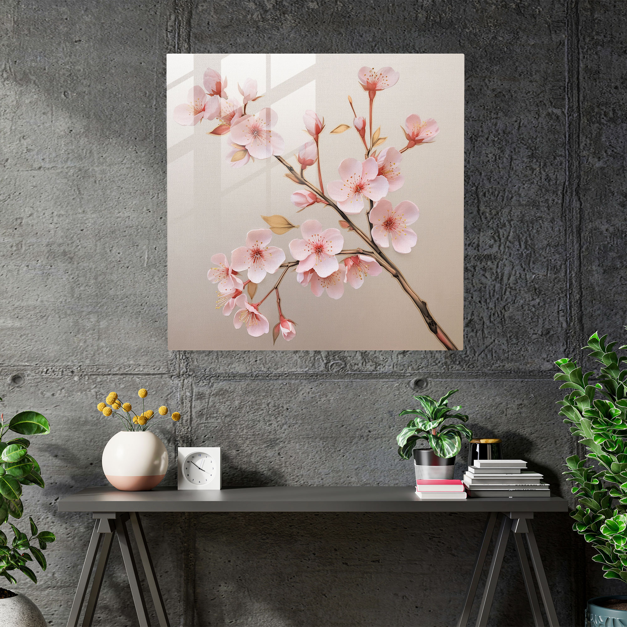 Glasbild Japanische Kirschblüte mit ruhigem Kunstwerk