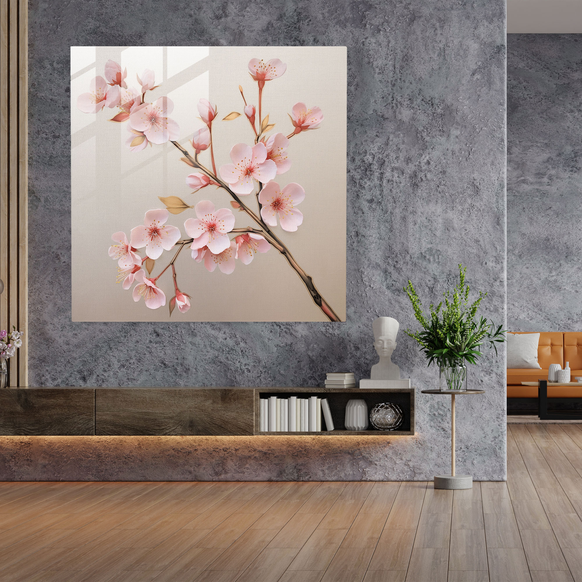 Glasbild Japanische Kirschblüte mit ruhigem Kunstwerk