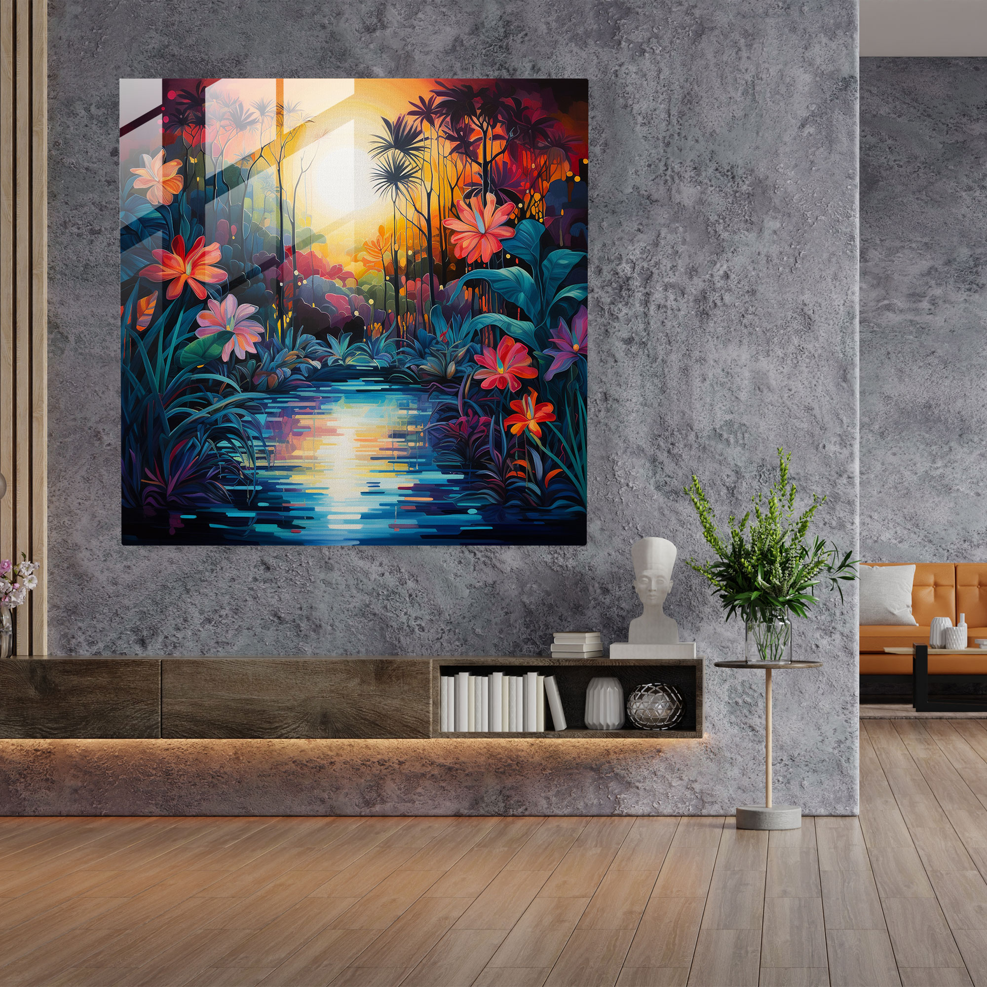 Faszinierendes Glasbild moderner Kunst - Glasbild Tropischer Garten Sonnenuntergang