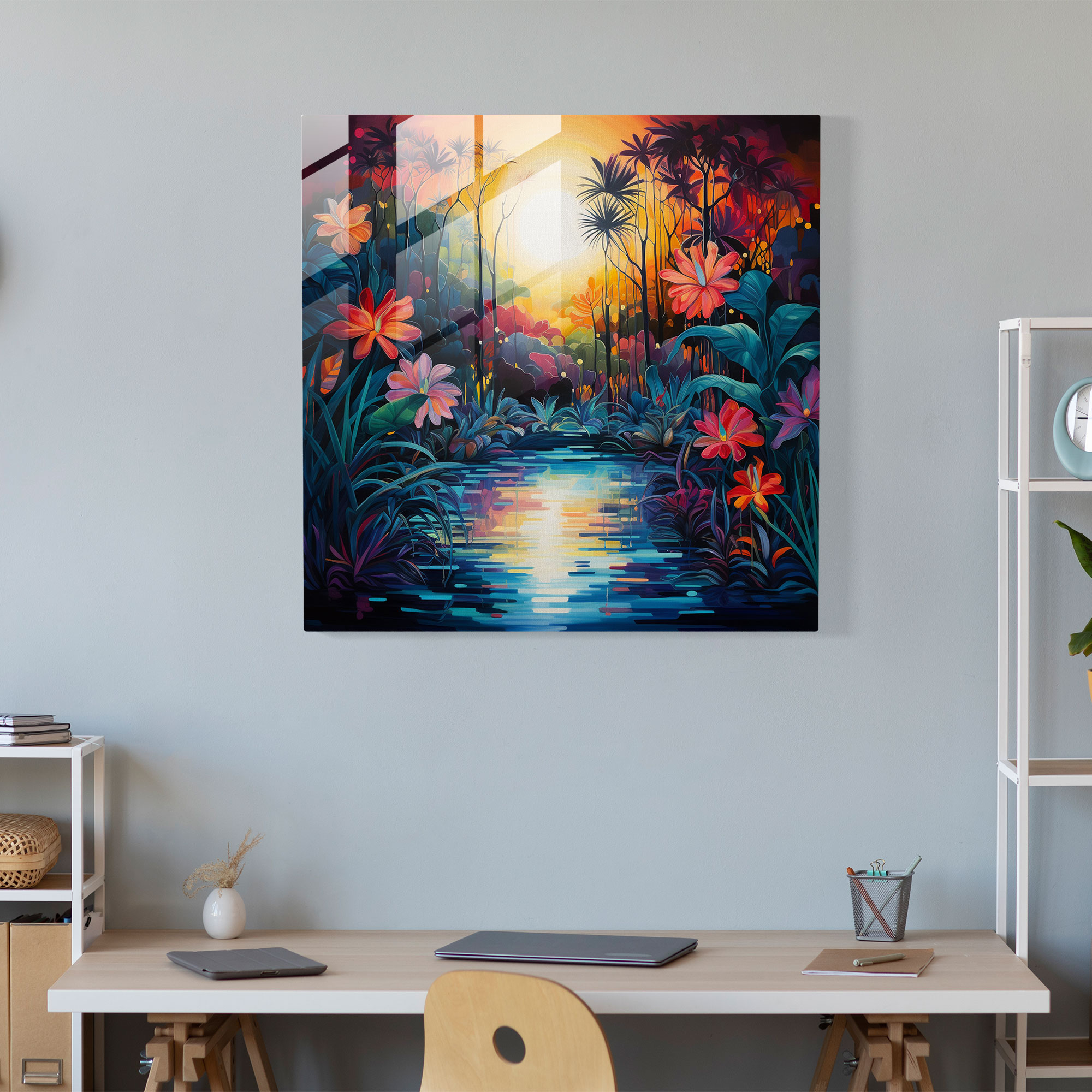 Faszinierendes Glasbild moderner Kunst - Glasbild Tropischer Garten Sonnenuntergang