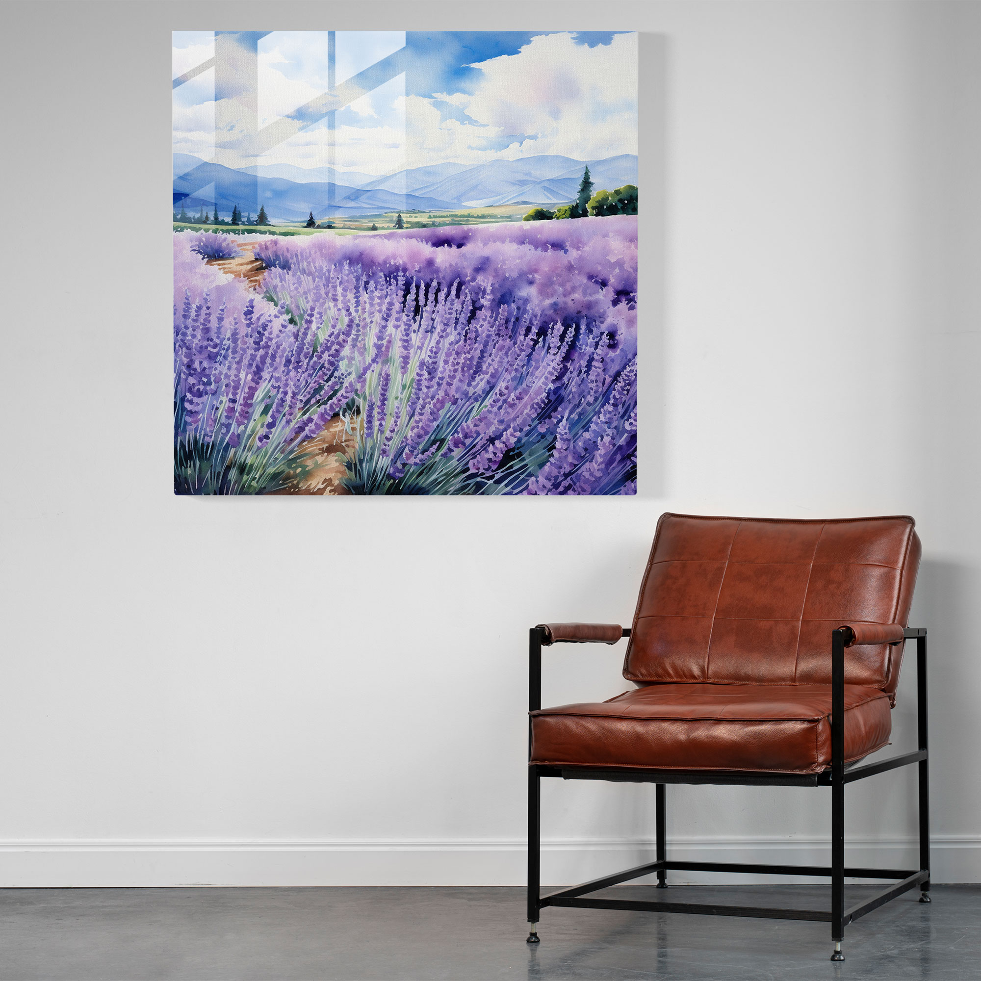 Elegant Glass Print of Home Decoration - Lavender Field Watercolor Glass Wall Art