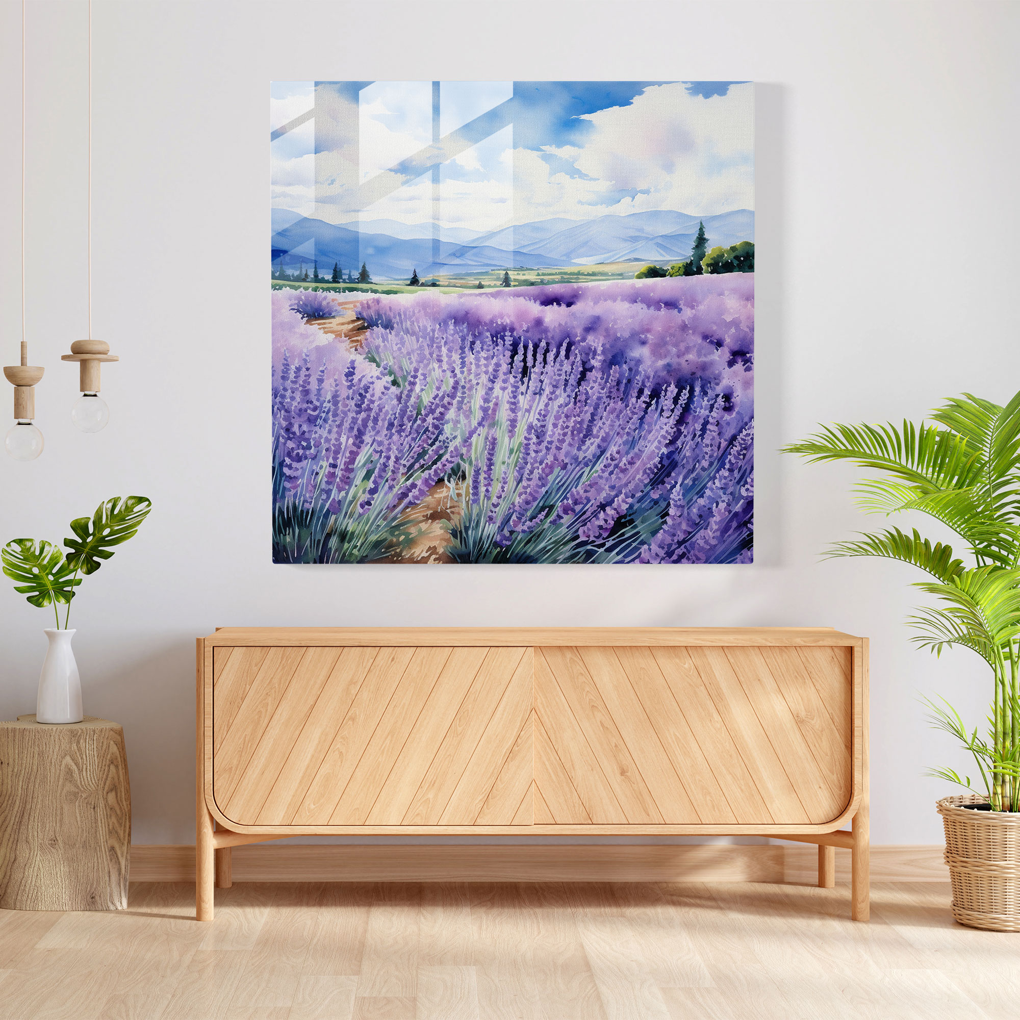 Elegant Glass Print of Home Decoration - Lavender Field Watercolor Glass Wall Art