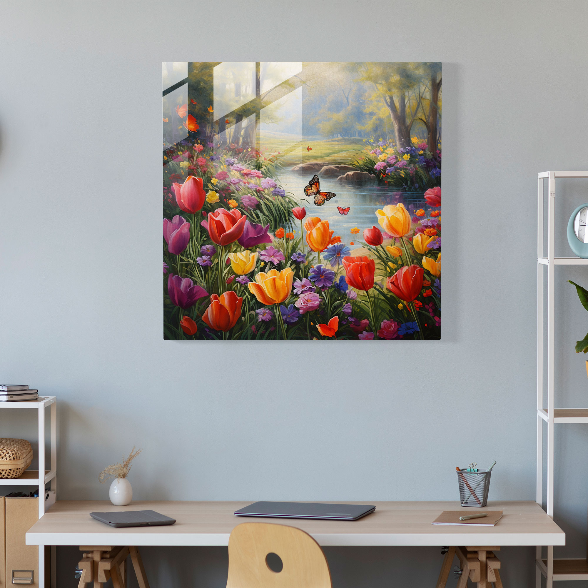 Feingliedriges Glasbild von Glaskunst - Tulpen Garten Ölgemälde Glas Wandkunst