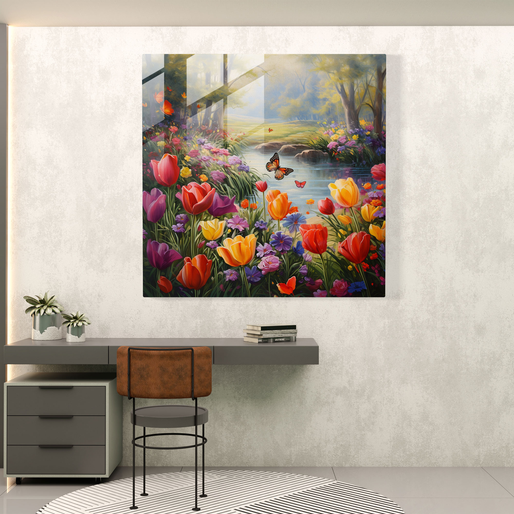 Feingliedriges Glasbild von Glaskunst - Tulpen Garten Ölgemälde Glas Wandkunst