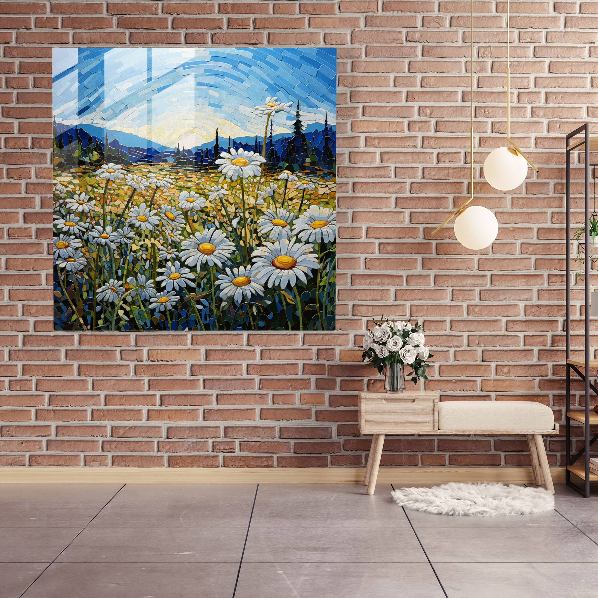 Artistic Glass Print of Glass Art - Daisy Field Mosaic Glass Wall Art