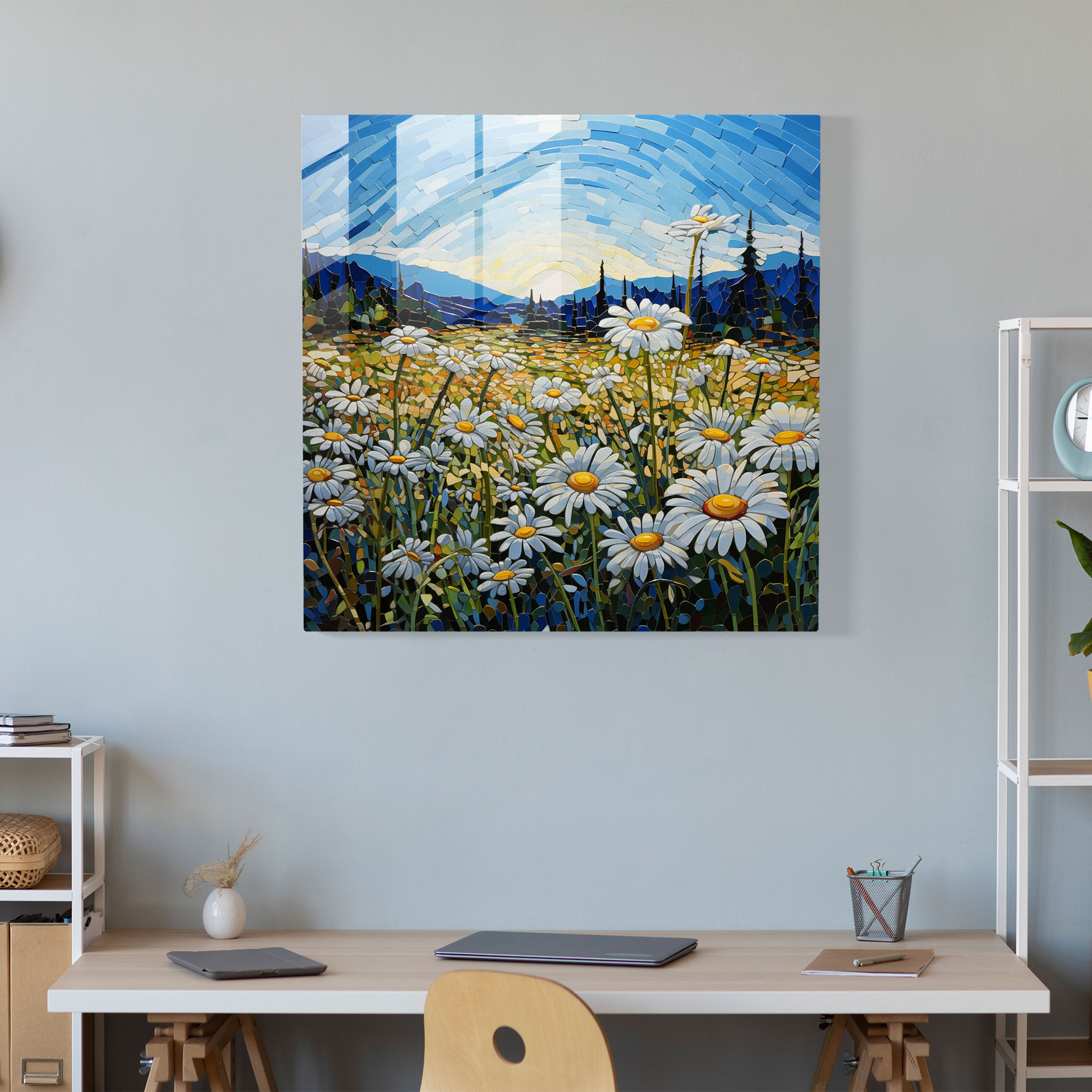 Artistic Glass Print of Glass Art - Daisy Field Mosaic Glass Wall Art