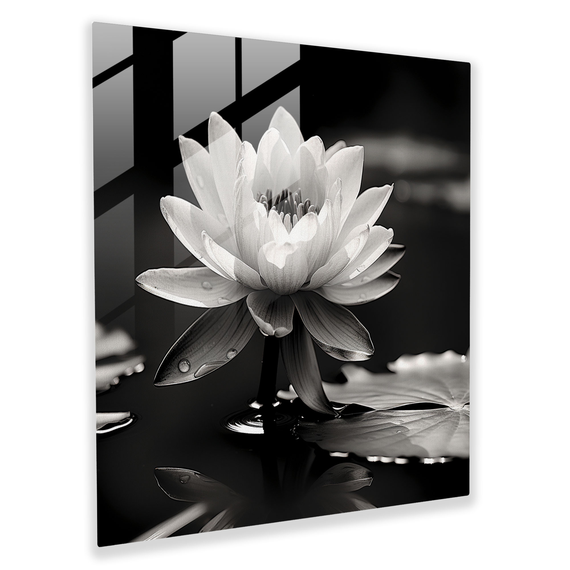 Elegant Glass Print of Glass Art - Serene Lotus Pond Black and White Glass Wall Art