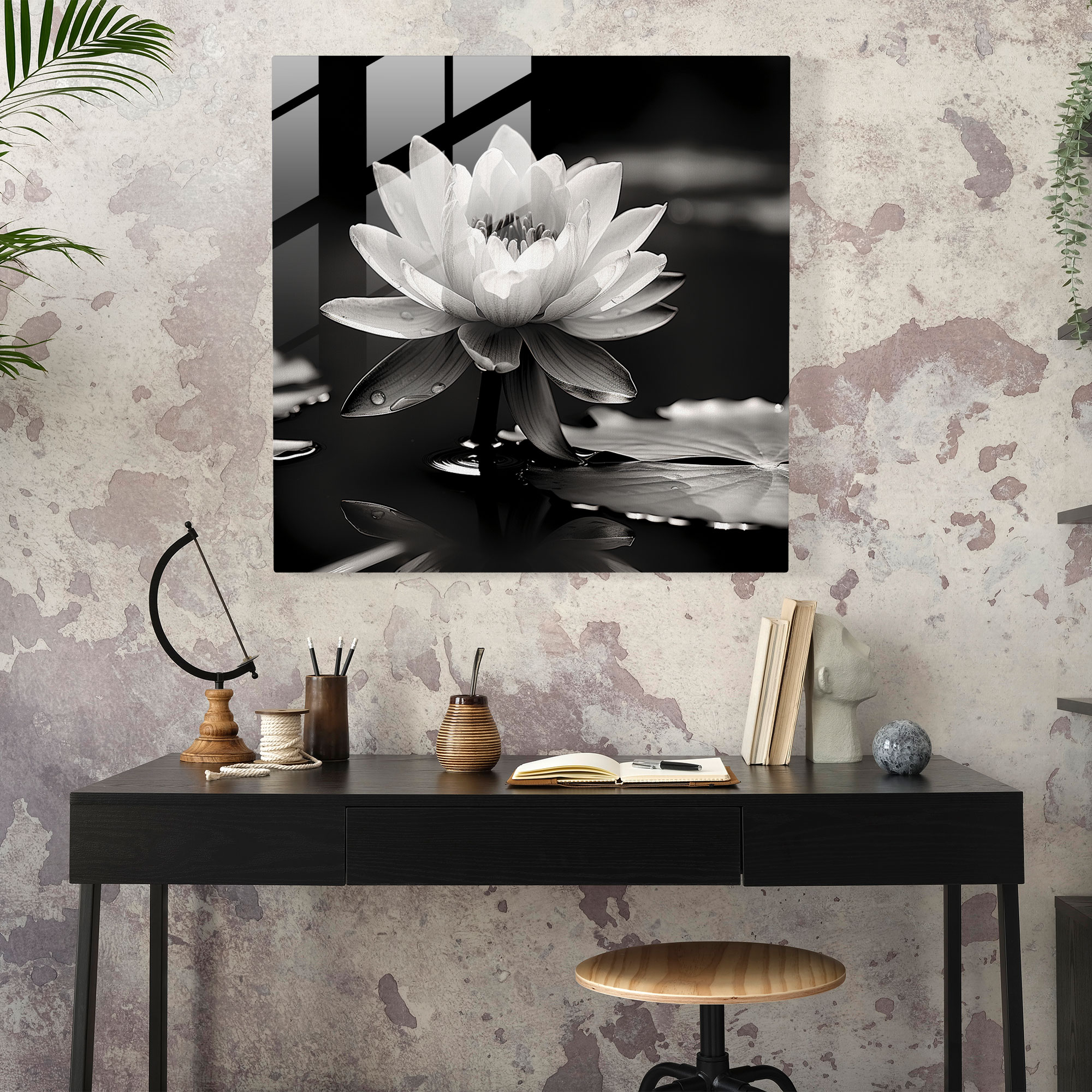 Elegant Glass Print of Glass Art - Serene Lotus Pond Black and White Glass Wall Art