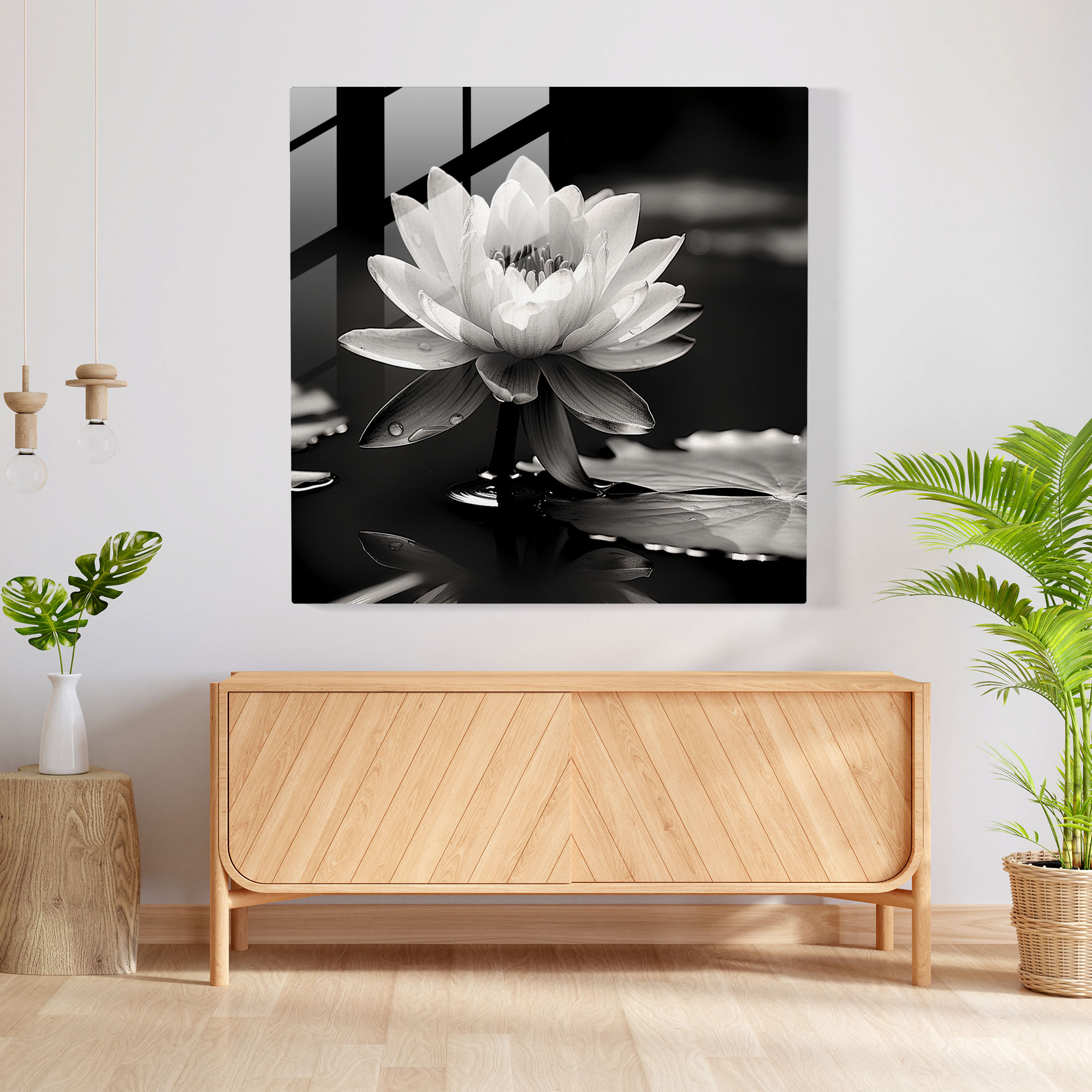 Elegant Glass Print of Glass Art - Serene Lotus Pond Black and White Glass Wall Art
