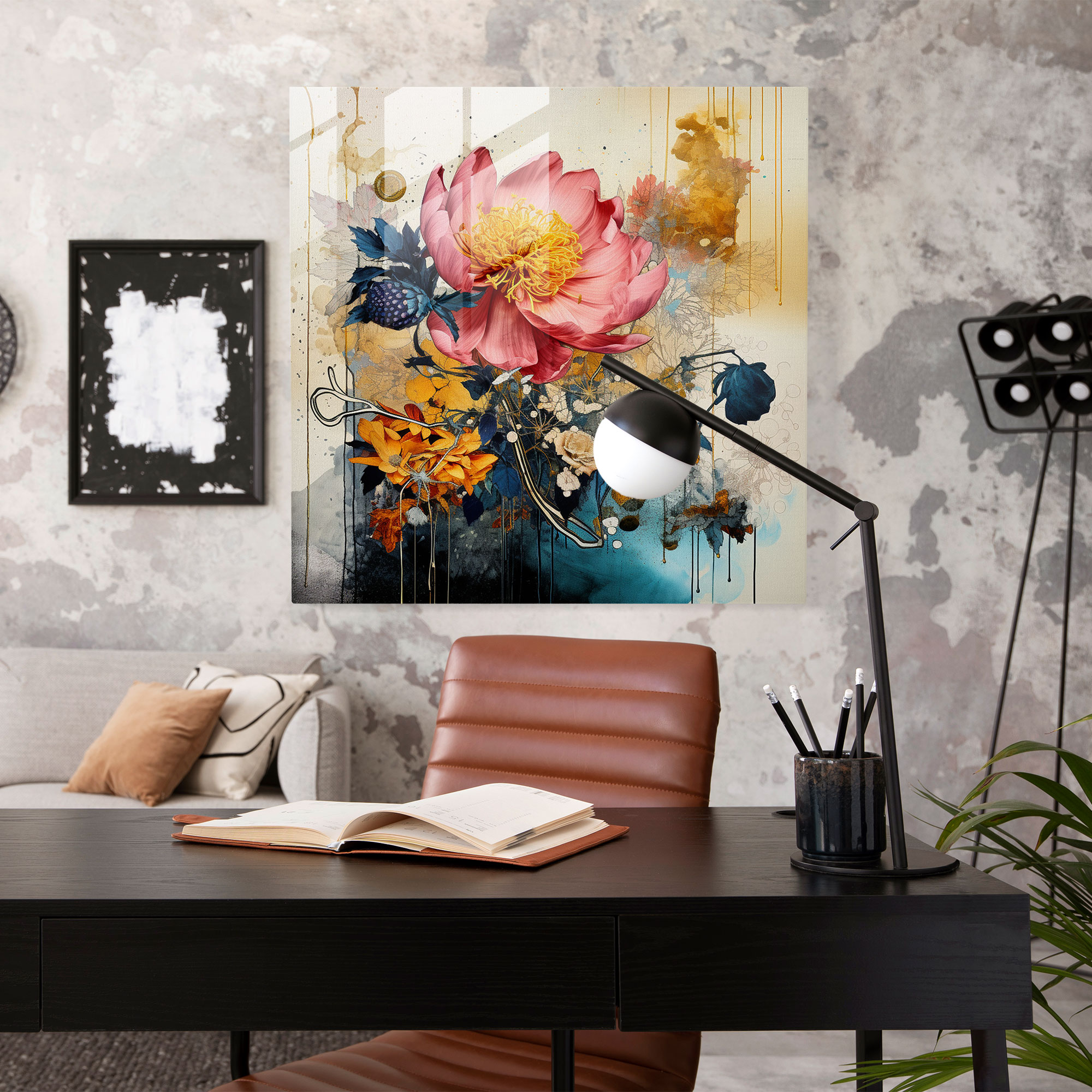 Unique Glass Print of Modern Artwork - Hand-Drawn Floral Collage Glass Wall Art