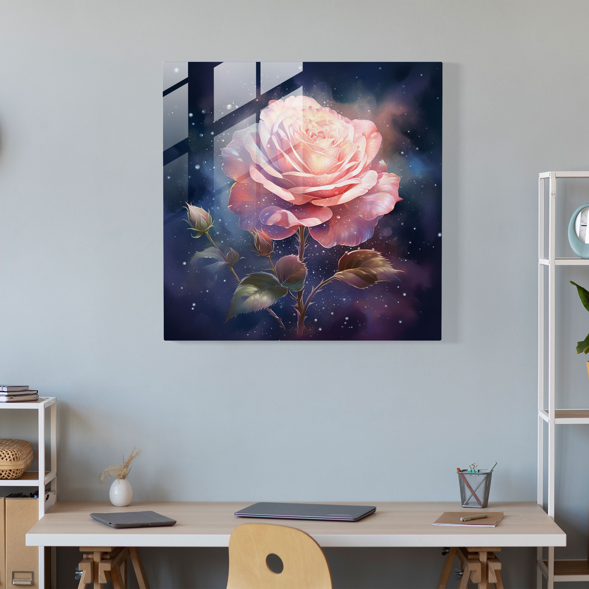 Elegant Glass Print of Delicate Blooming Rose - Glass Wall Art Home Decoration