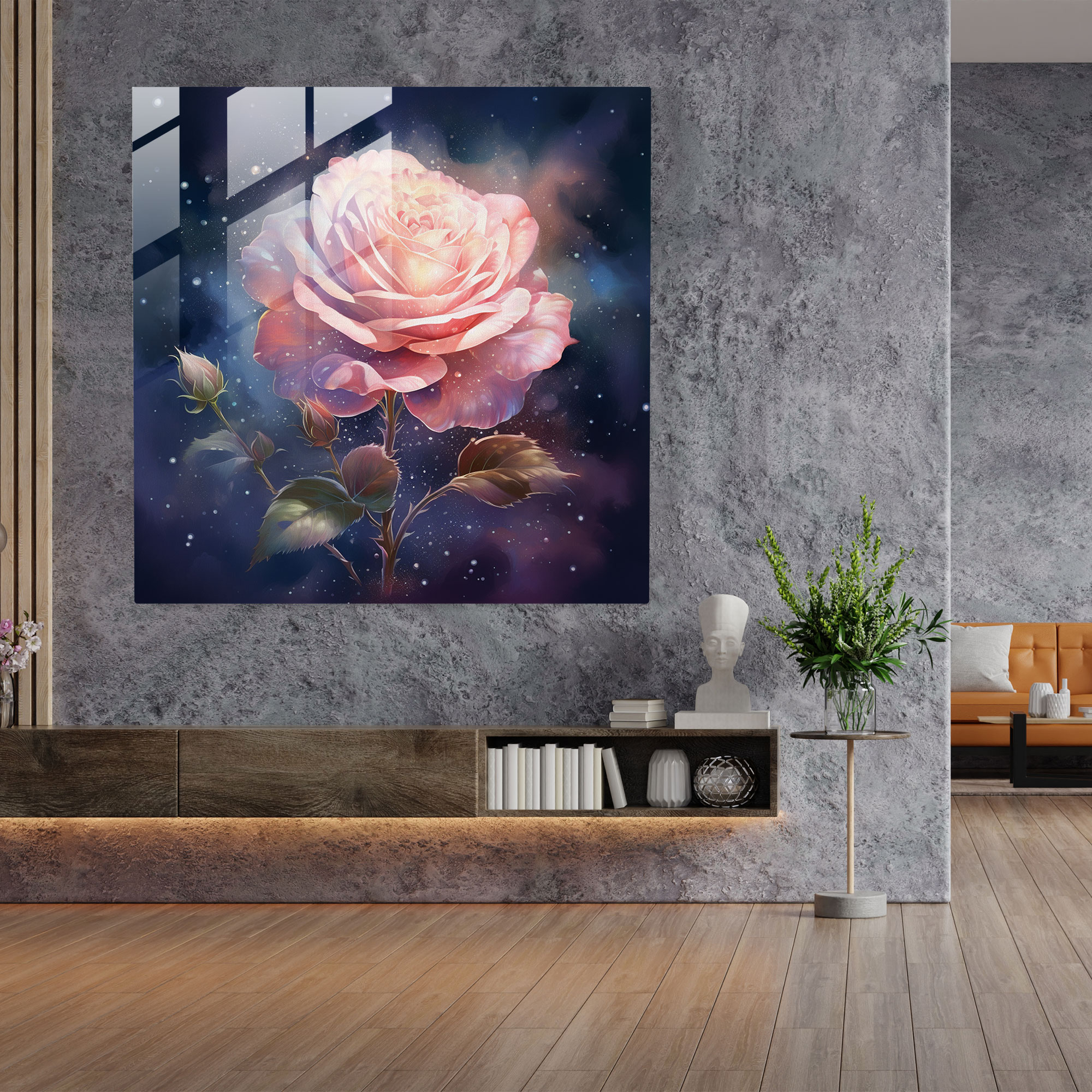 Elegant Glass Print of Delicate Blooming Rose - Glass Wall Art Home Decoration