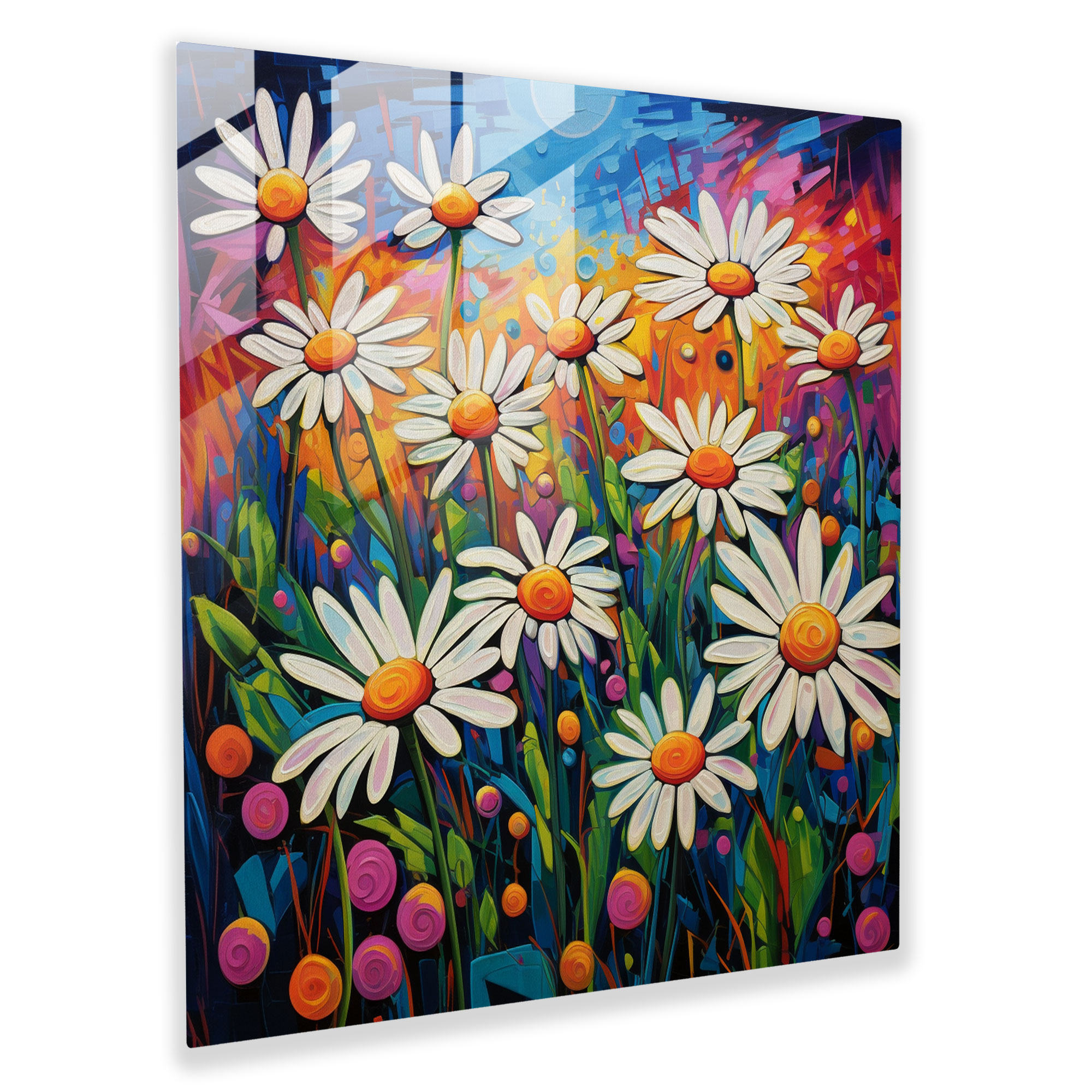 Glasbild eines lebendigen Gänseblümchenfeldes - Glaswandkunst für die Wohnungsdekoration