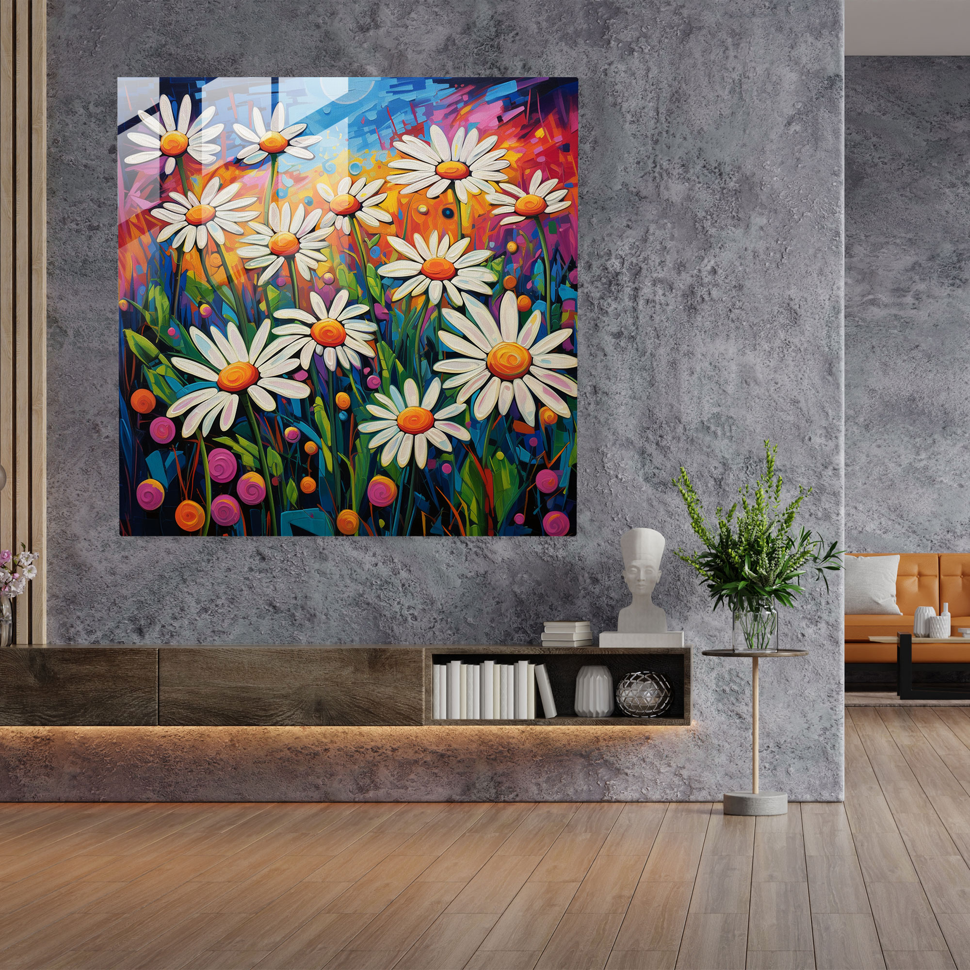 Glasbild eines lebendigen Gänseblümchenfeldes - Glaswandkunst für die Wohnungsdekoration