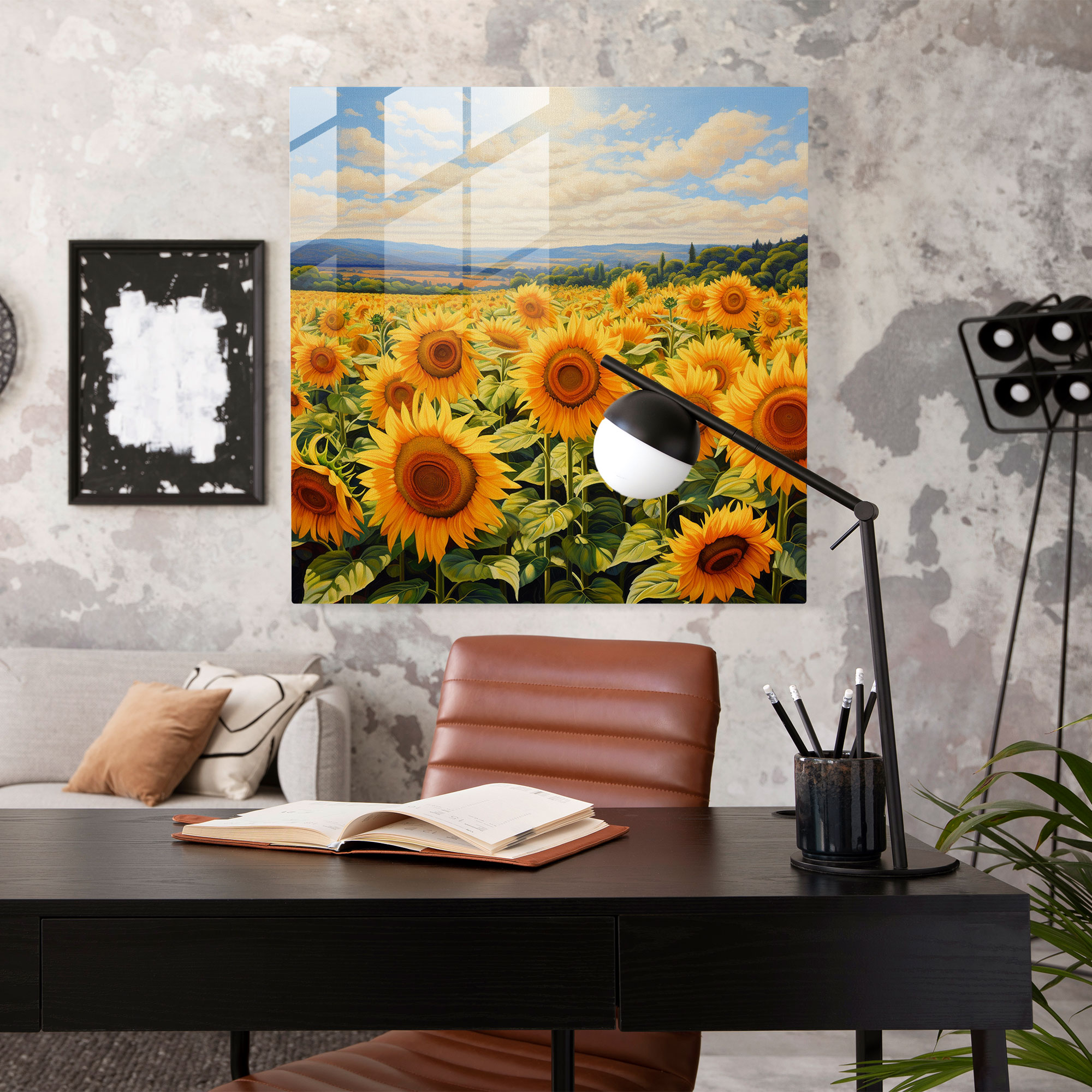 Faszinierendes Sonnenblumenfeld Glasbild
