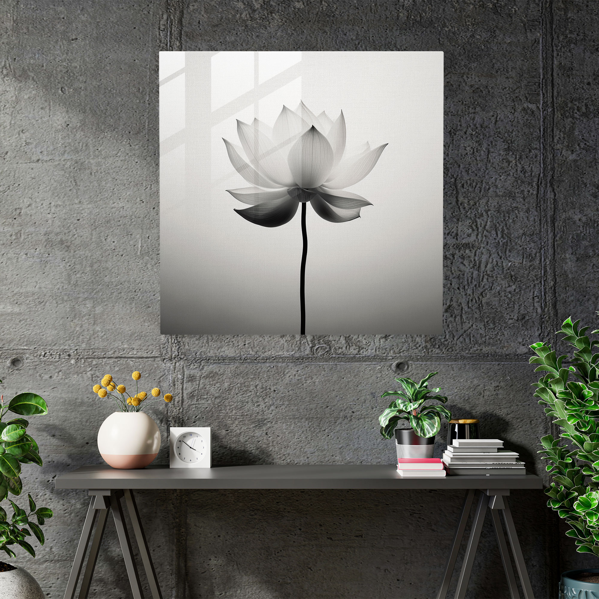 Sophisticated Monochrome Lotus Flower Glass Print