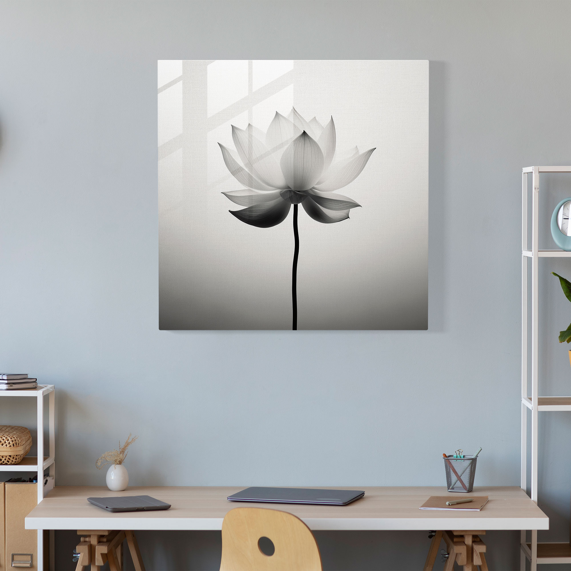 Sophisticated Monochrome Lotus Flower Glass Print