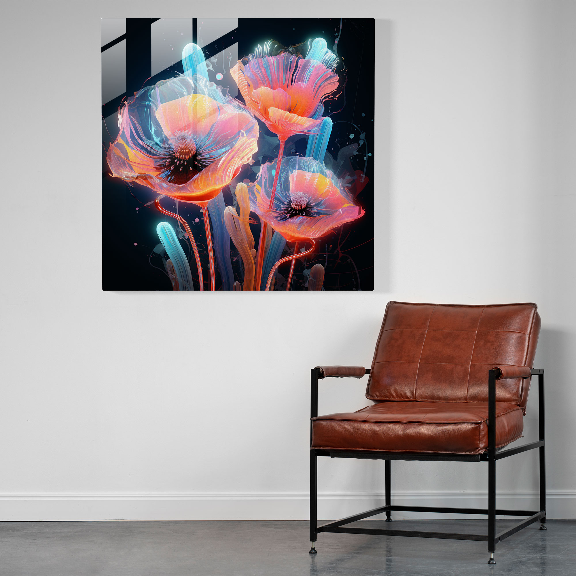 Ethereal Neon Flowers Glass Print