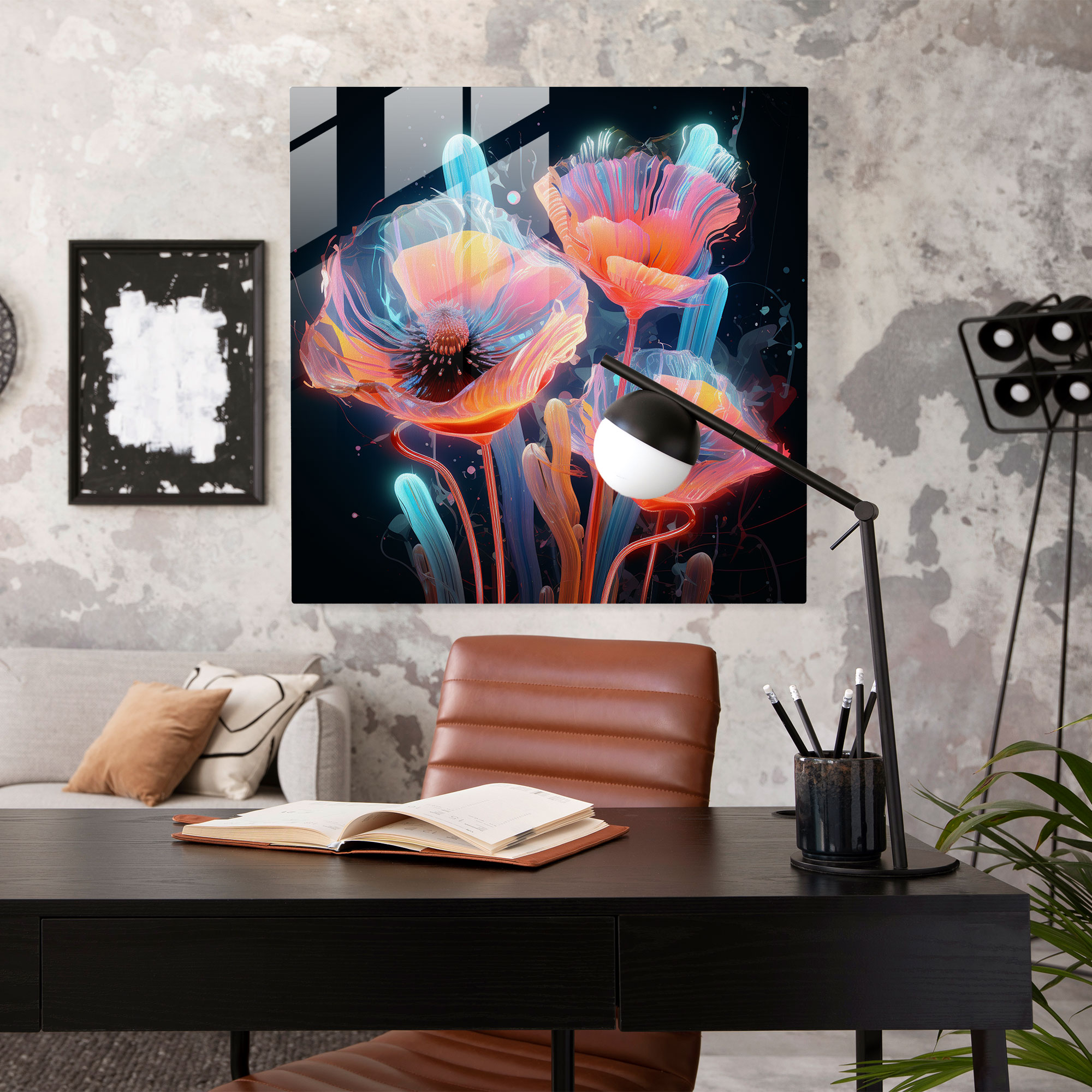 Ethereal Neon Flowers Glass Print