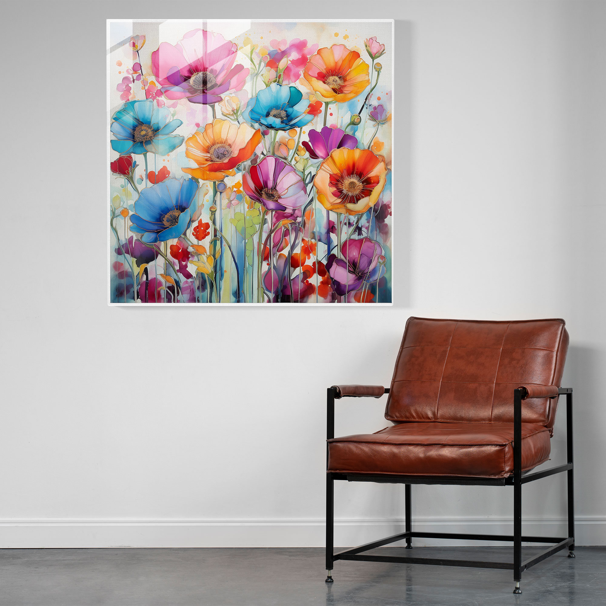 Lebendige Blumenexplosion Glaswandkunst Dekoration