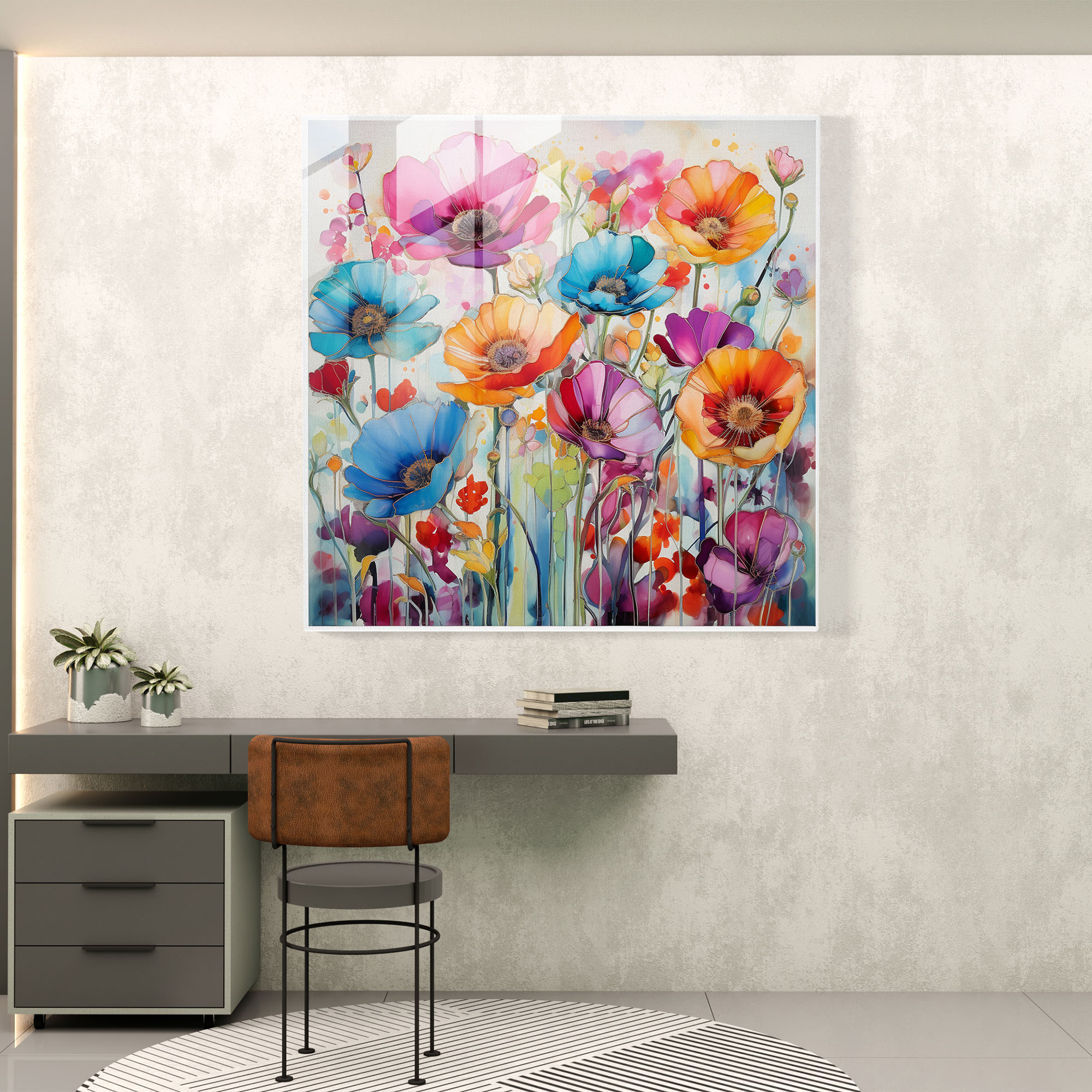 Lebendige Blumenexplosion Glaswandkunst Dekoration